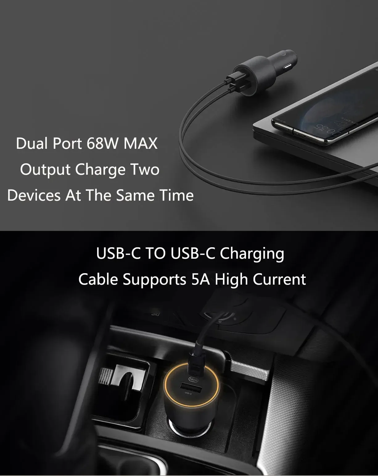 Xiaomi Mi Car Charger 100W MAX 1A1C Fast Charging Dual-port USB-A USB-C Smart Device Fully Compatible With Light Effect Display