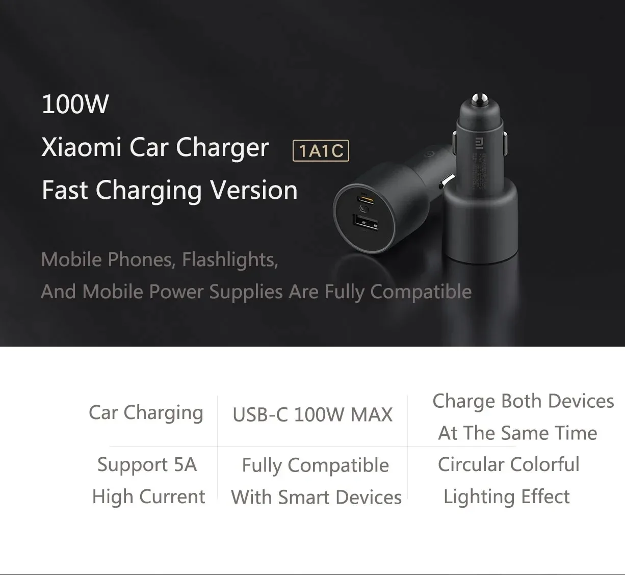 Xiaomi Mi Car Charger 100W MAX 1A1C Fast Charging Dual-port USB-A USB-C Smart Device Fully Compatible With Light Effect Display