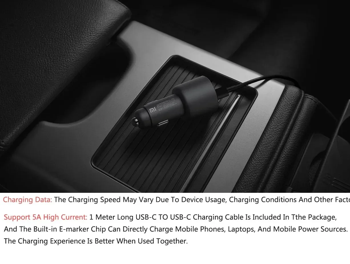 Xiaomi Mi Car Charger 100W MAX 1A1C Fast Charging Dual-port USB-A USB-C Smart Device Fully Compatible With Light Effect Display