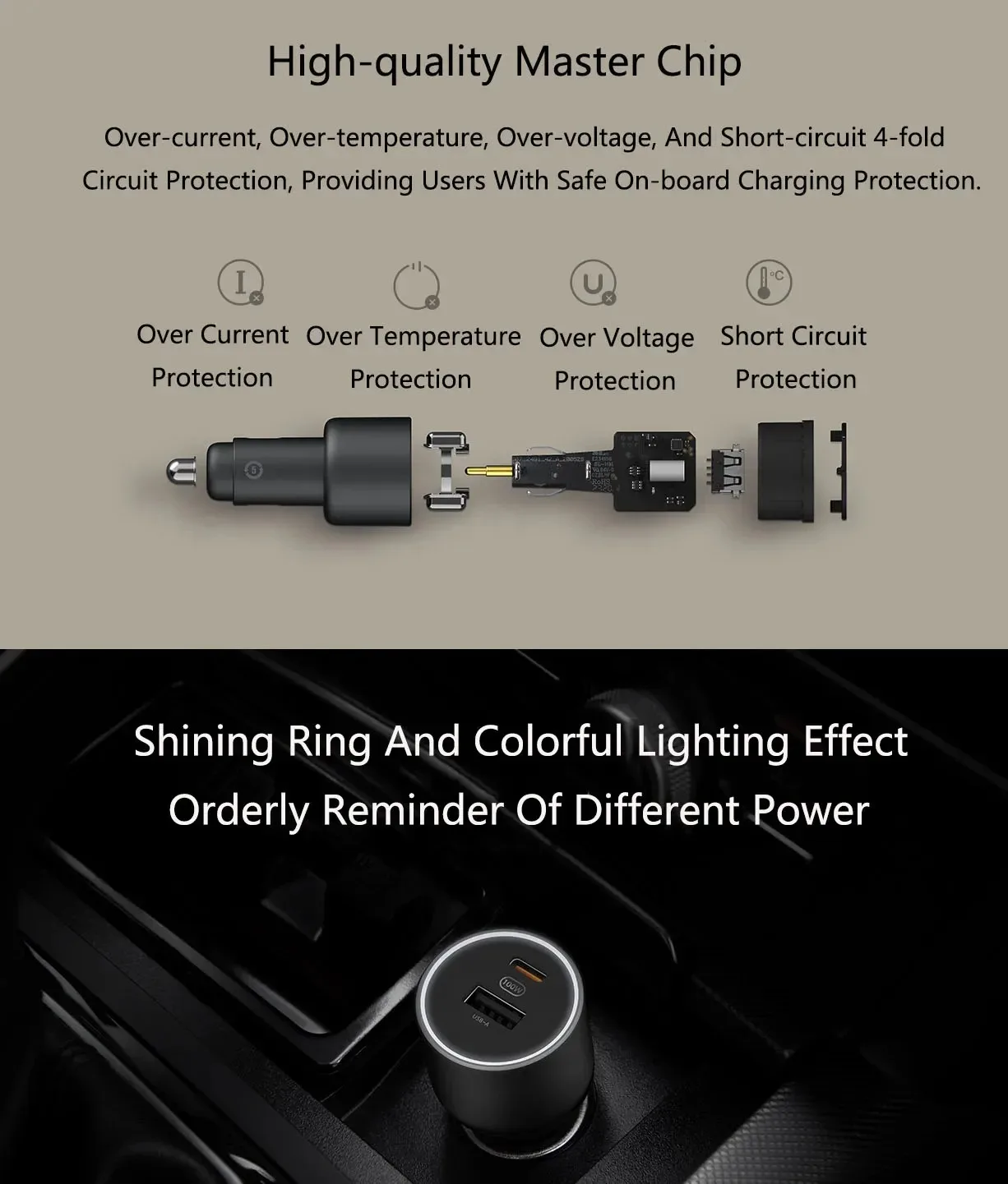 Xiaomi Mi Car Charger 100W MAX 1A1C Fast Charging Dual-port USB-A USB-C Smart Device Fully Compatible With Light Effect Display