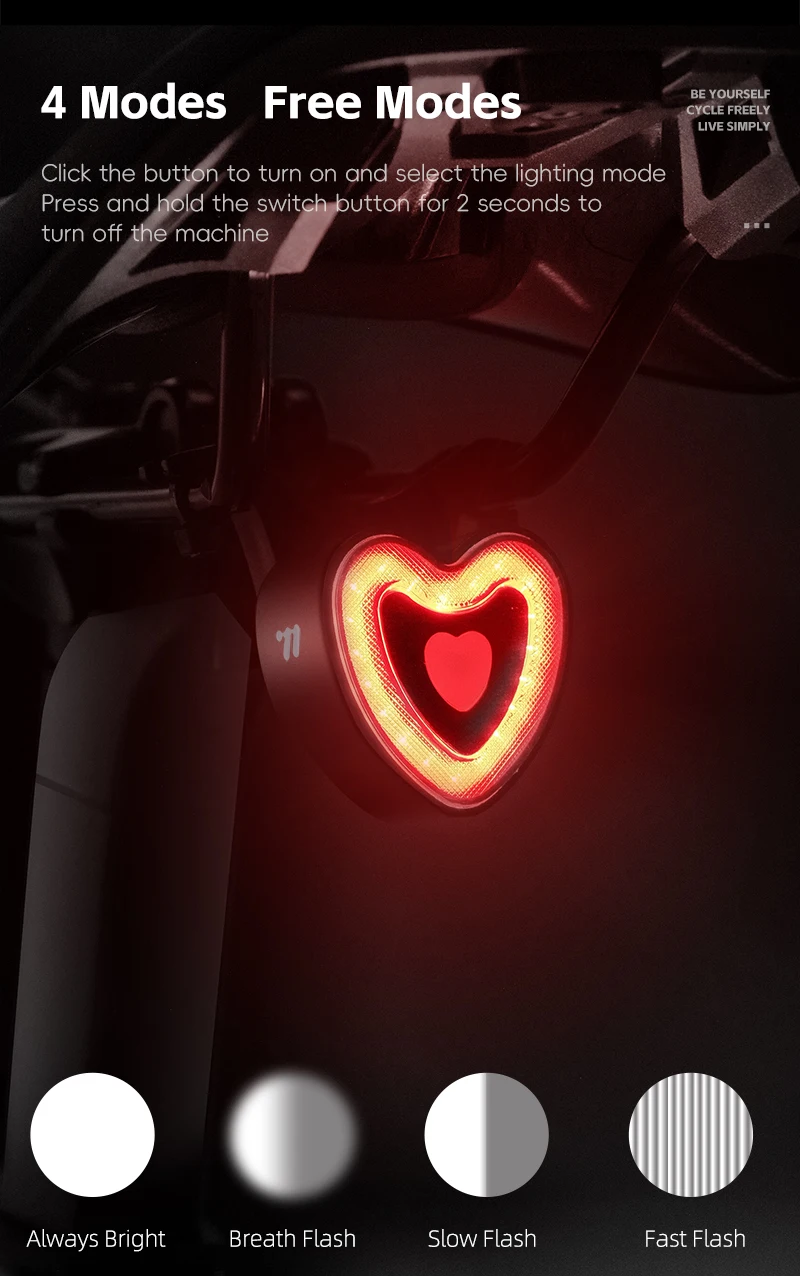 WEST BIKING Bike Tail Light Smart Brake Sensing MTB Road Bike Rear Light IPX6 Waterproof 4 Modes Heart Light Cycling Accessories