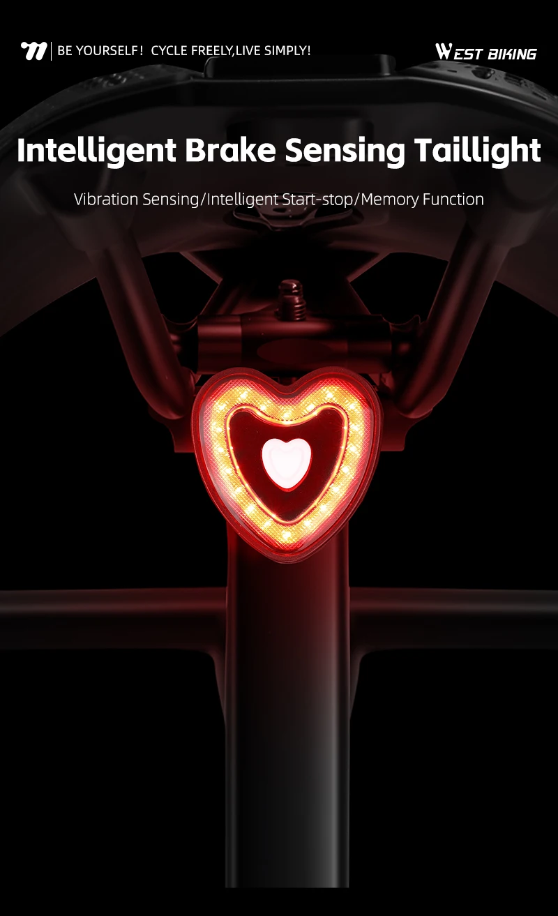 WEST BIKING Bike Tail Light Smart Brake Sensing MTB Road Bike Rear Light IPX6 Waterproof 4 Modes Heart Light Cycling Accessories