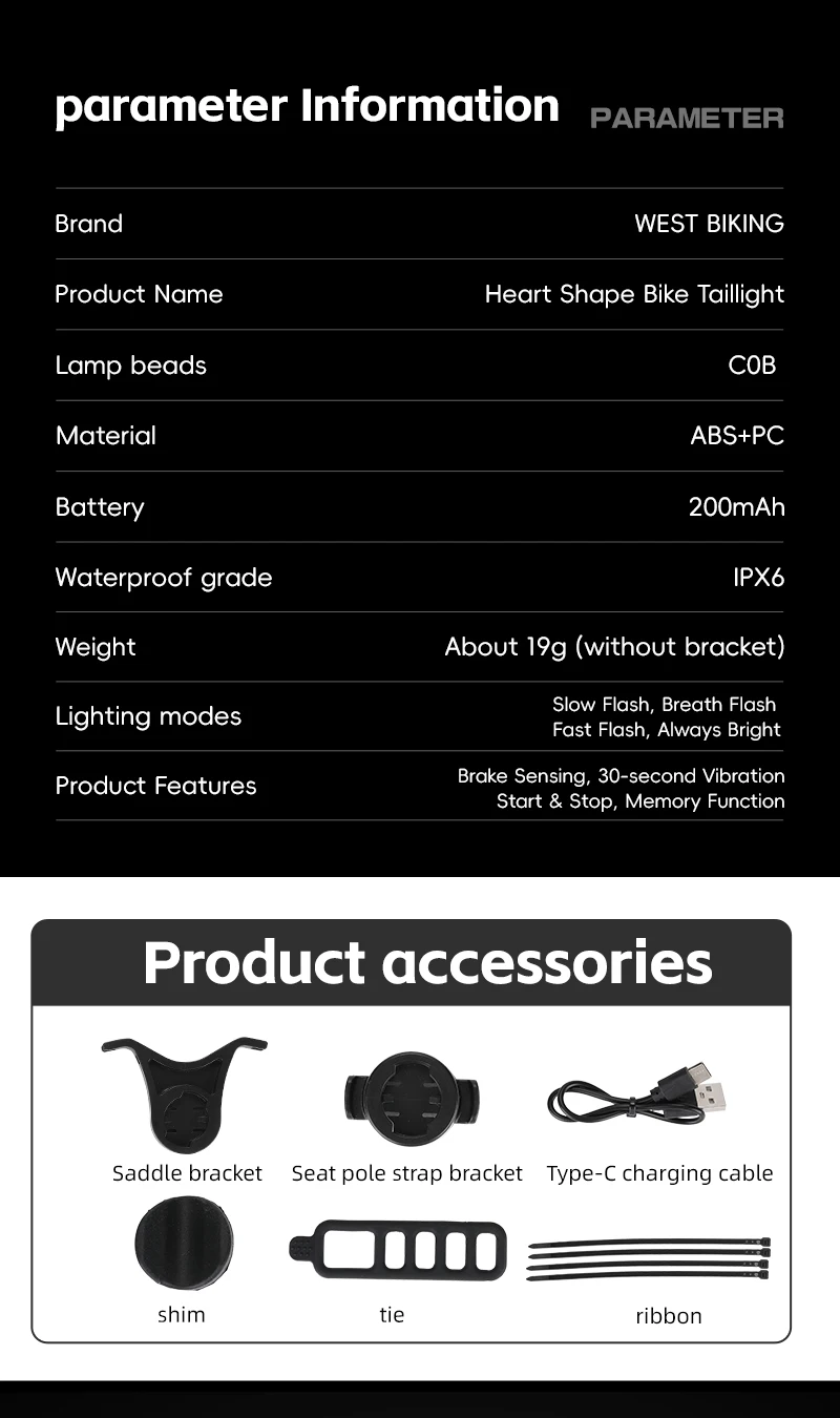 WEST BIKING Bike Tail Light Smart Brake Sensing MTB Road Bike Rear Light IPX6 Waterproof 4 Modes Heart Light Cycling Accessories