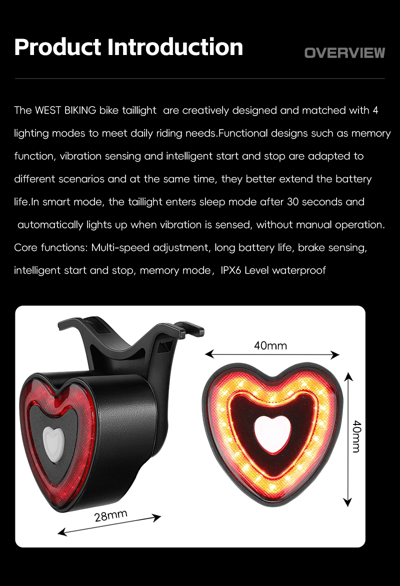 WEST BIKING Bike Tail Light Smart Brake Sensing MTB Road Bike Rear Light IPX6 Waterproof 4 Modes Heart Light Cycling Accessories
