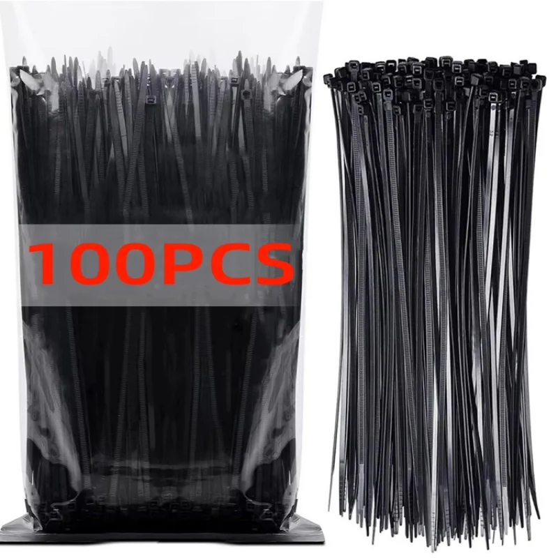 100 PCS Self-locking Plastic Nylon Tie Black Fastening Strap Cable-Tie-Set Cable Zip Tie Fastening Ring Zip Wraps Strap Tie