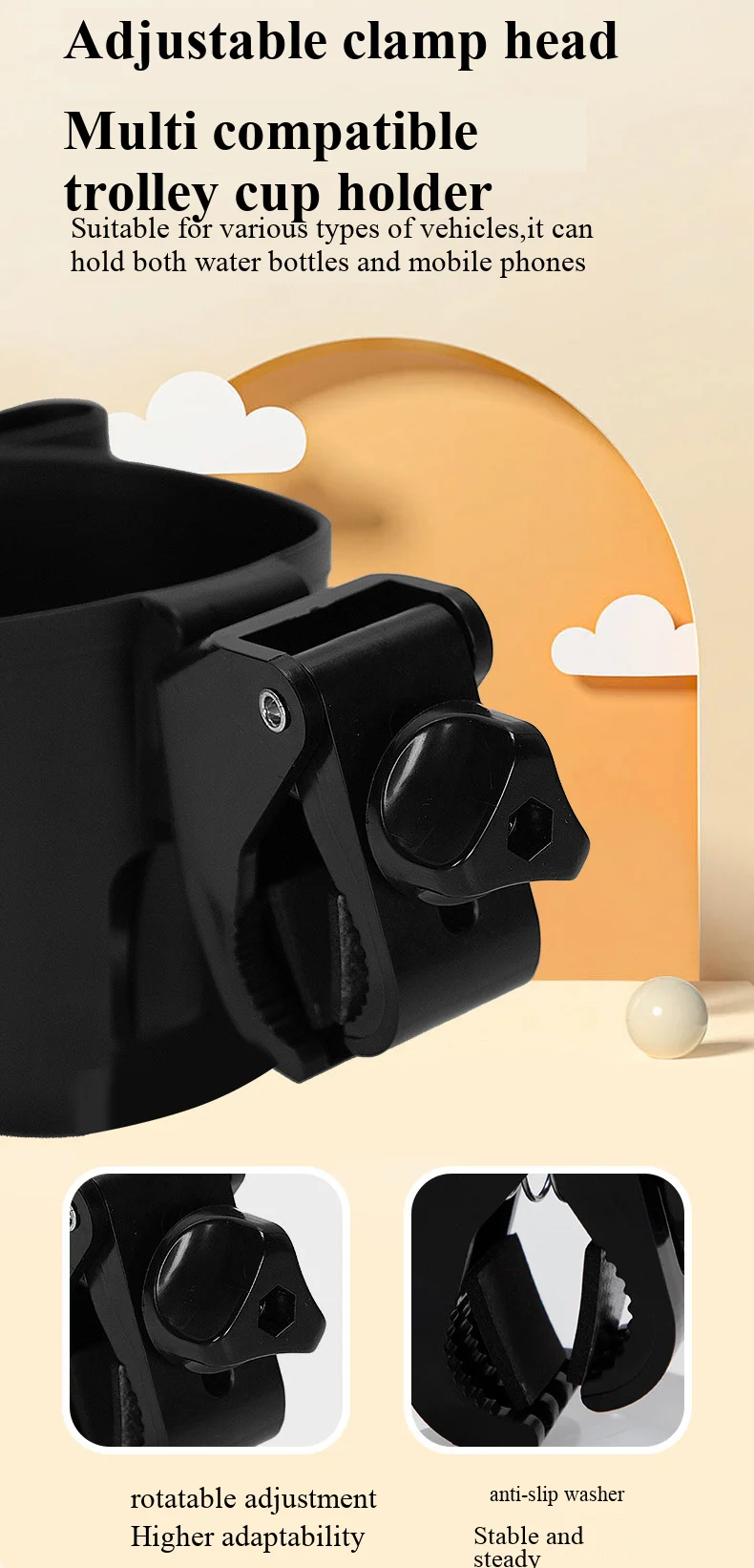 2-in-1 Universal Stroller Water Cup Holder With Phone Holder, Universal Bottle Holder For Wheelchair Stroller Accessories