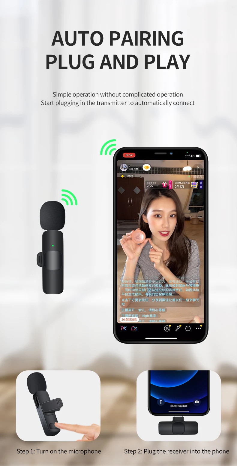 Basix Mini Wireless Lavalier Microphone Noise Cancelling for iPhone Android Cameras - Portable Wireless Mic for Live Interviews