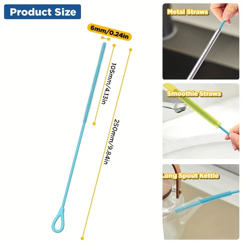 Straw Cleaner Brush Extra Long Silicone for Cups Reusable Straws Deep Cleaning Flexible Bristles Dishwasher Safe