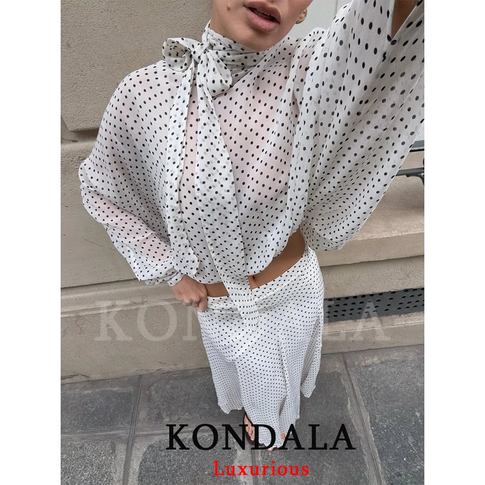 KONDALA Vintage Polka Dot Women Sets Chiffon Bow Tie Loose Blouses Loose Long Skirts Fashion 2026 Spring Summer Holiday Suits