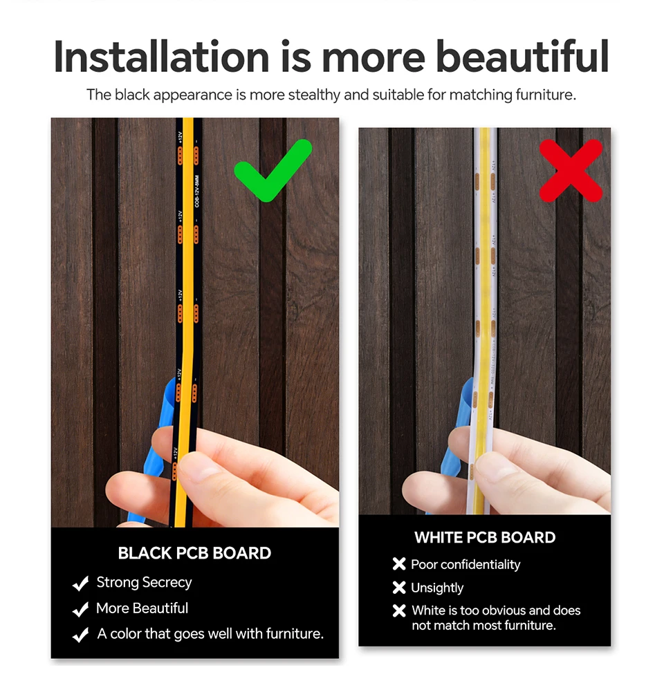 Wood Dimmable Touch Sensor Under Cabinet Collection Display COB LED Strip Light Black PCB TV Backlight Grille Wall Panel Decor