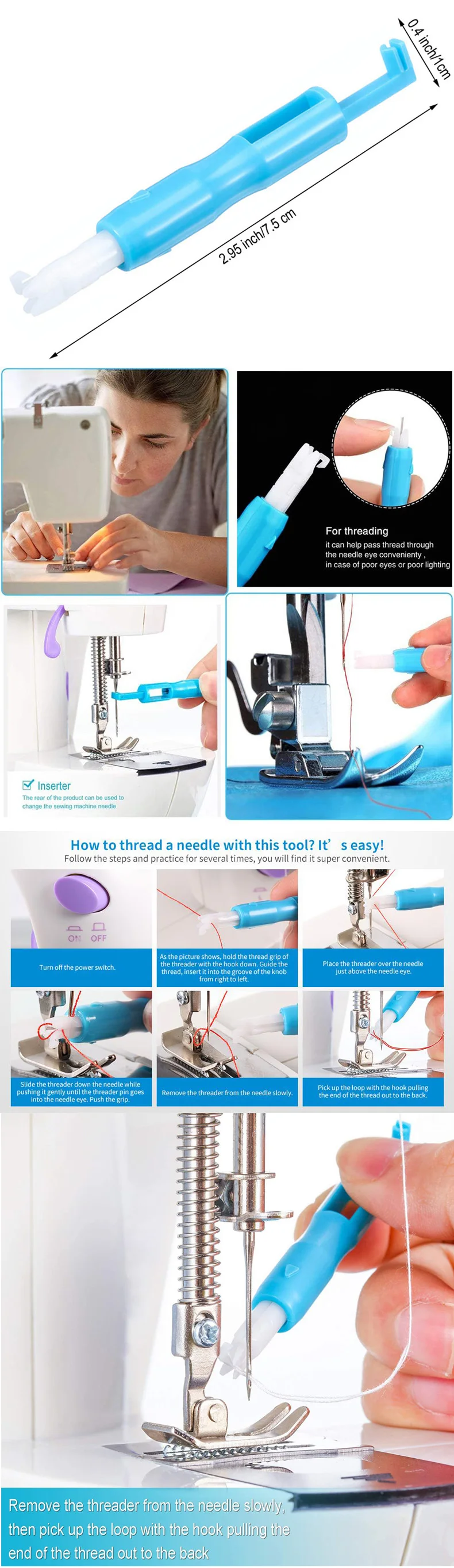 Sewing Needle Inserter Automatic Needle Threader Bodkin Threading Tool For Sewing Machine Holds Firmly Blue White