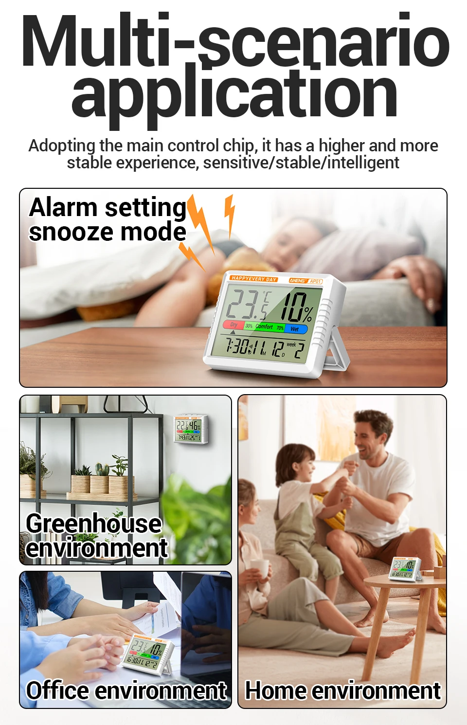 Digital Thermohygrometer Clock ANENG AP01 Snooze Alarm Mode Air Thermometer Humidity Multi-scenario High Precision Tester Tools