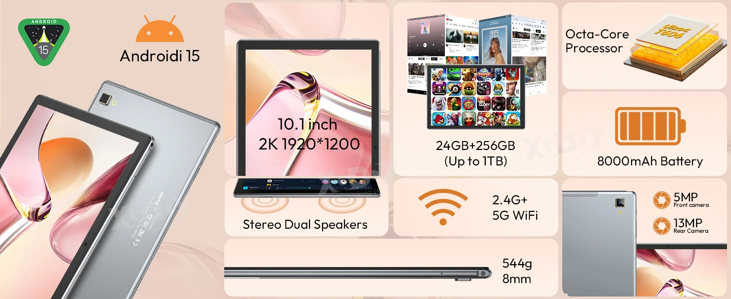 XGODY P60 Pro Android 15 256GB Tablet PC 10 Zoll ultra-klares 90Hz Display 24GB(8+16) 256GB 8000mAh Akku Tablet