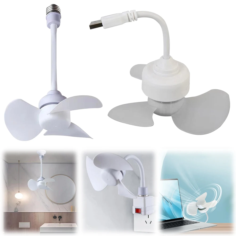 Modern LED Ceiling Fan E27 Base/USB Light Bulb Fan with Socket Hose Extender Small Ceiling Fan Light for Bedroom Living Room