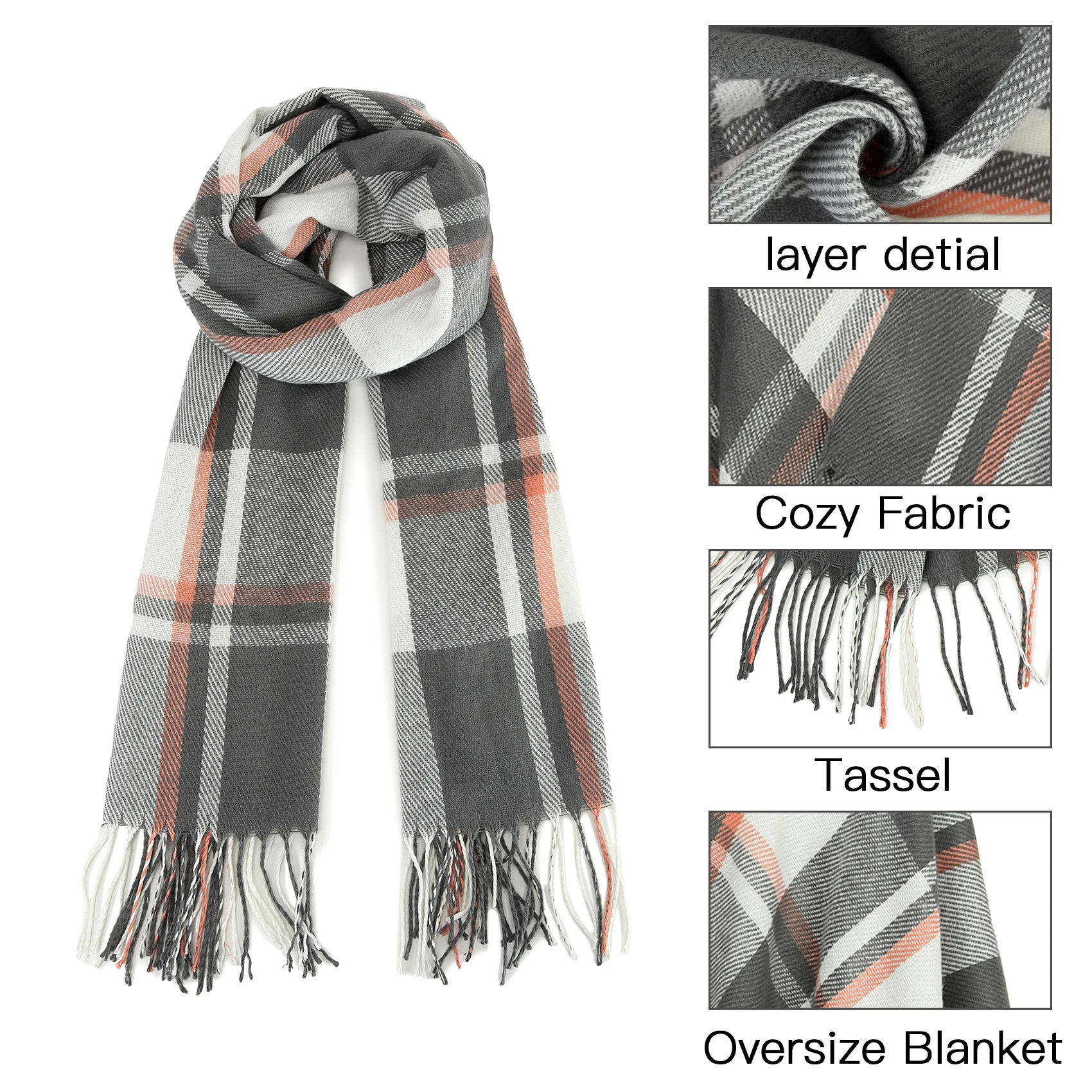 Miss Lulu Scarf for Men Plaid Check Winter Warm Soft Wool Scarves with Tassel Large Tartan Wrap
