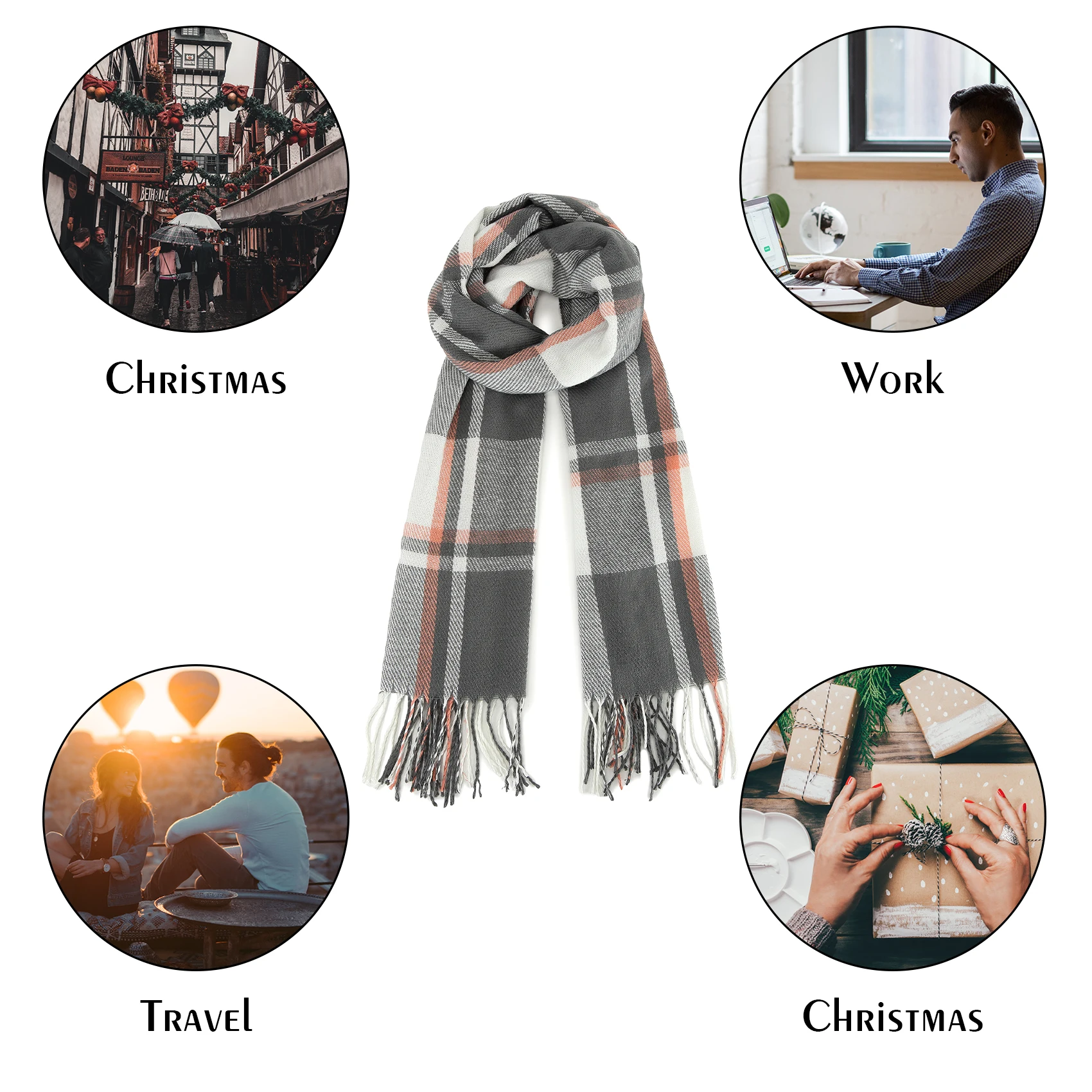 Miss Lulu Scarf for Men Plaid Check Winter Warm Soft Wool Scarves with Tassel Large Tartan Wrap