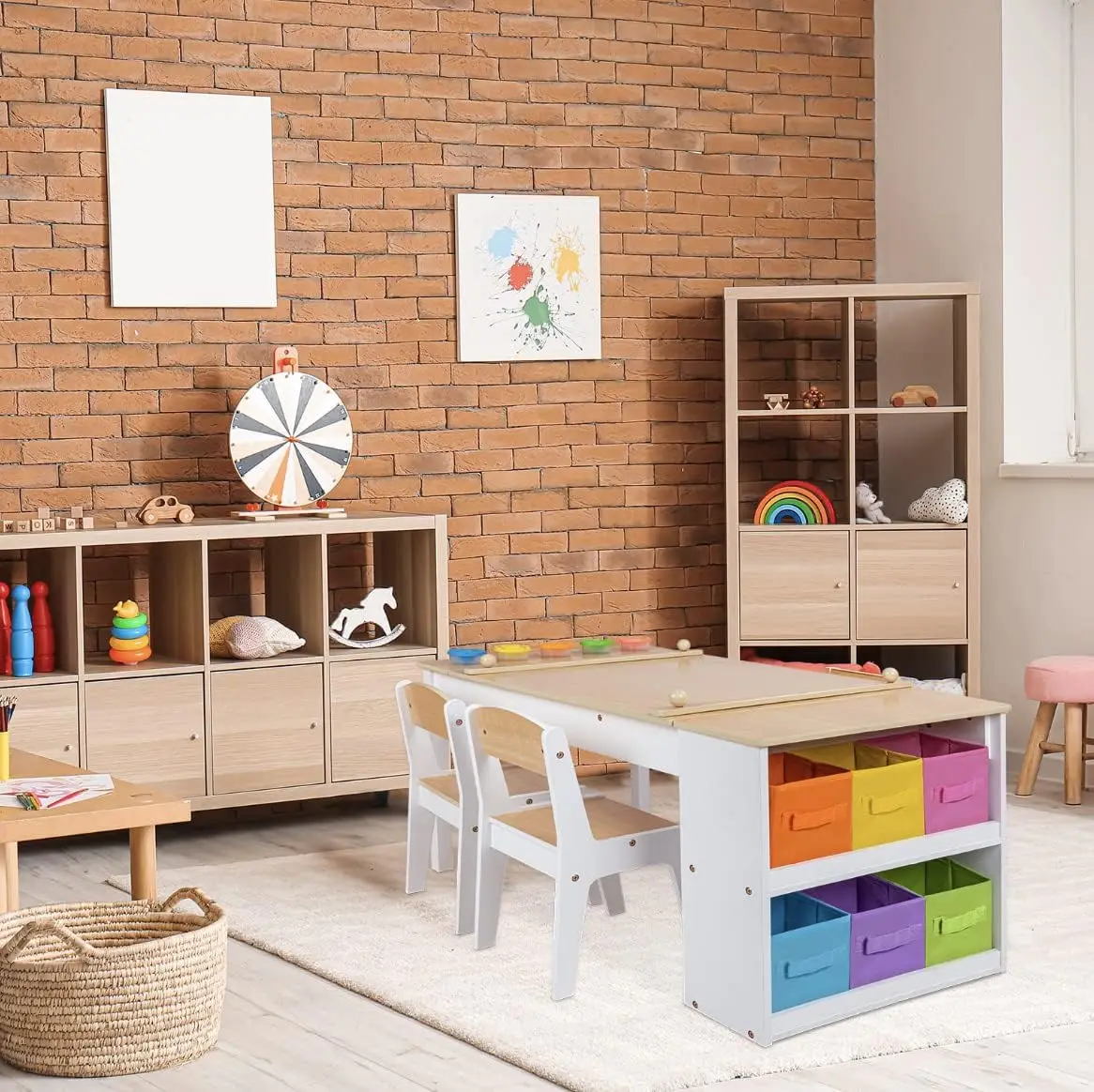 3-in-1 Kids Art Table and 2 Chair Set, Activity Table with Storage, Easel Transformation 5 Paint Cups, 6 Storage Bins,Paper Roll