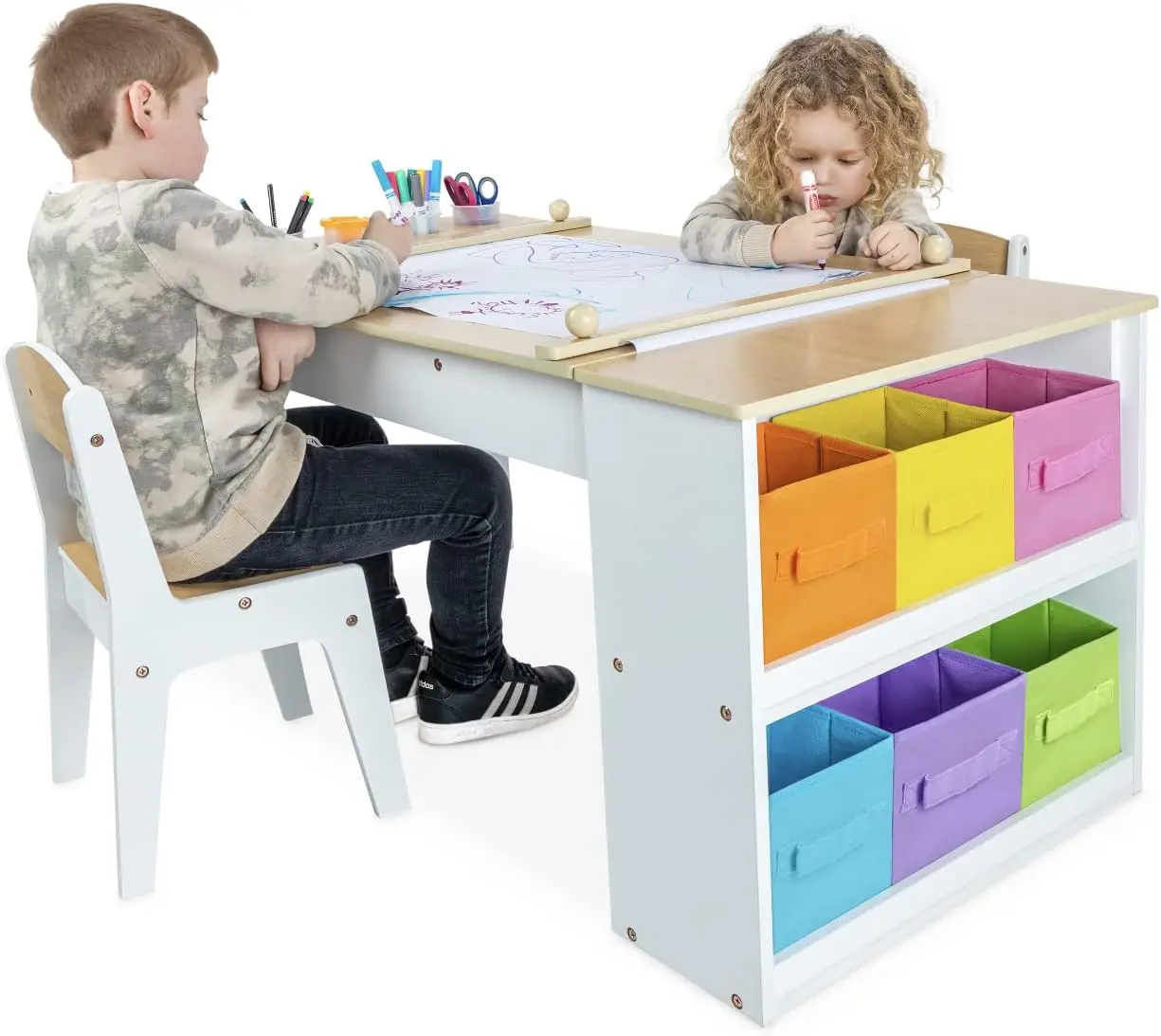 3-in-1 Kids Art Table and 2 Chair Set, Activity Table with Storage, Easel Transformation 5 Paint Cups, 6 Storage Bins,Paper Roll