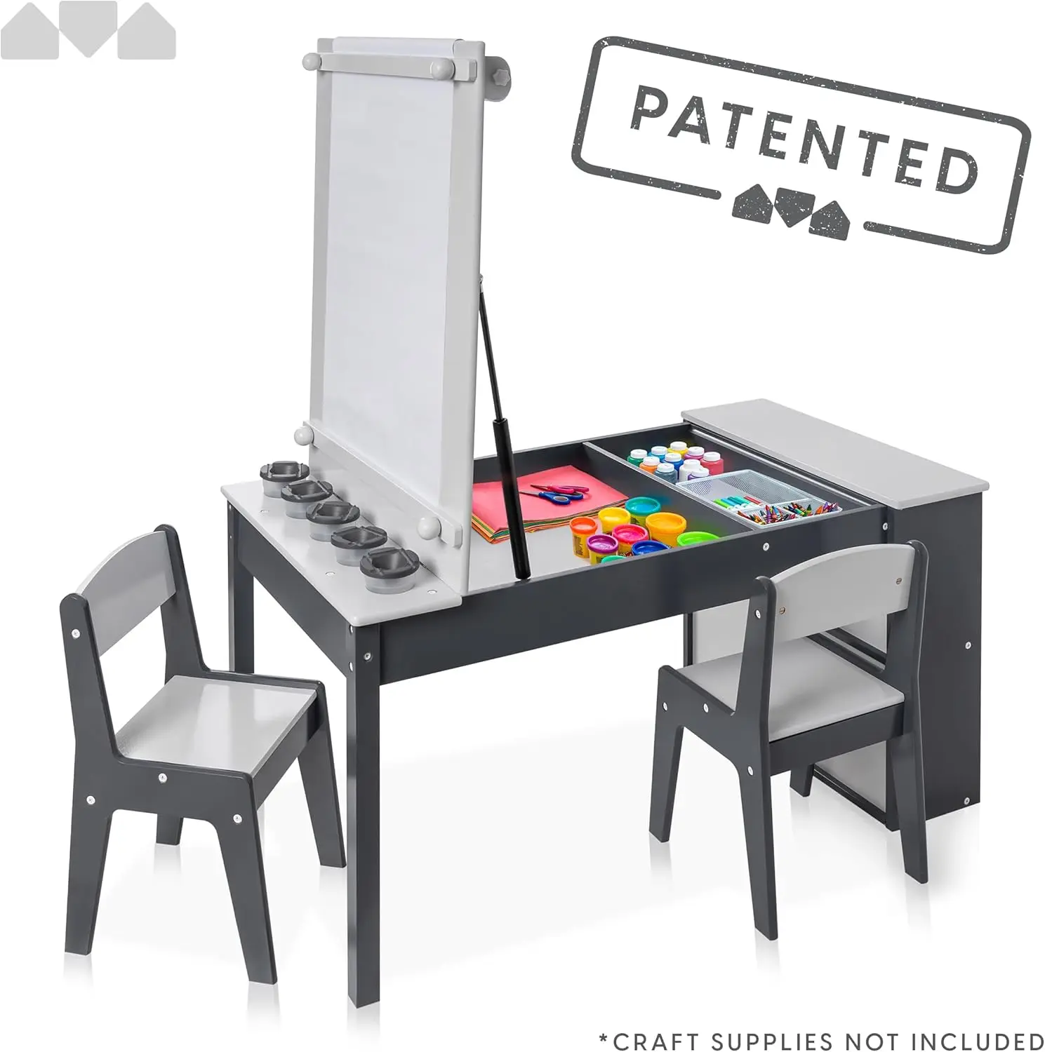 3-in-1 Kids Art Table and 2 Chair Set, Activity Table with Storage, Easel Transformation 5 Paint Cups, 6 Storage Bins,Paper Roll