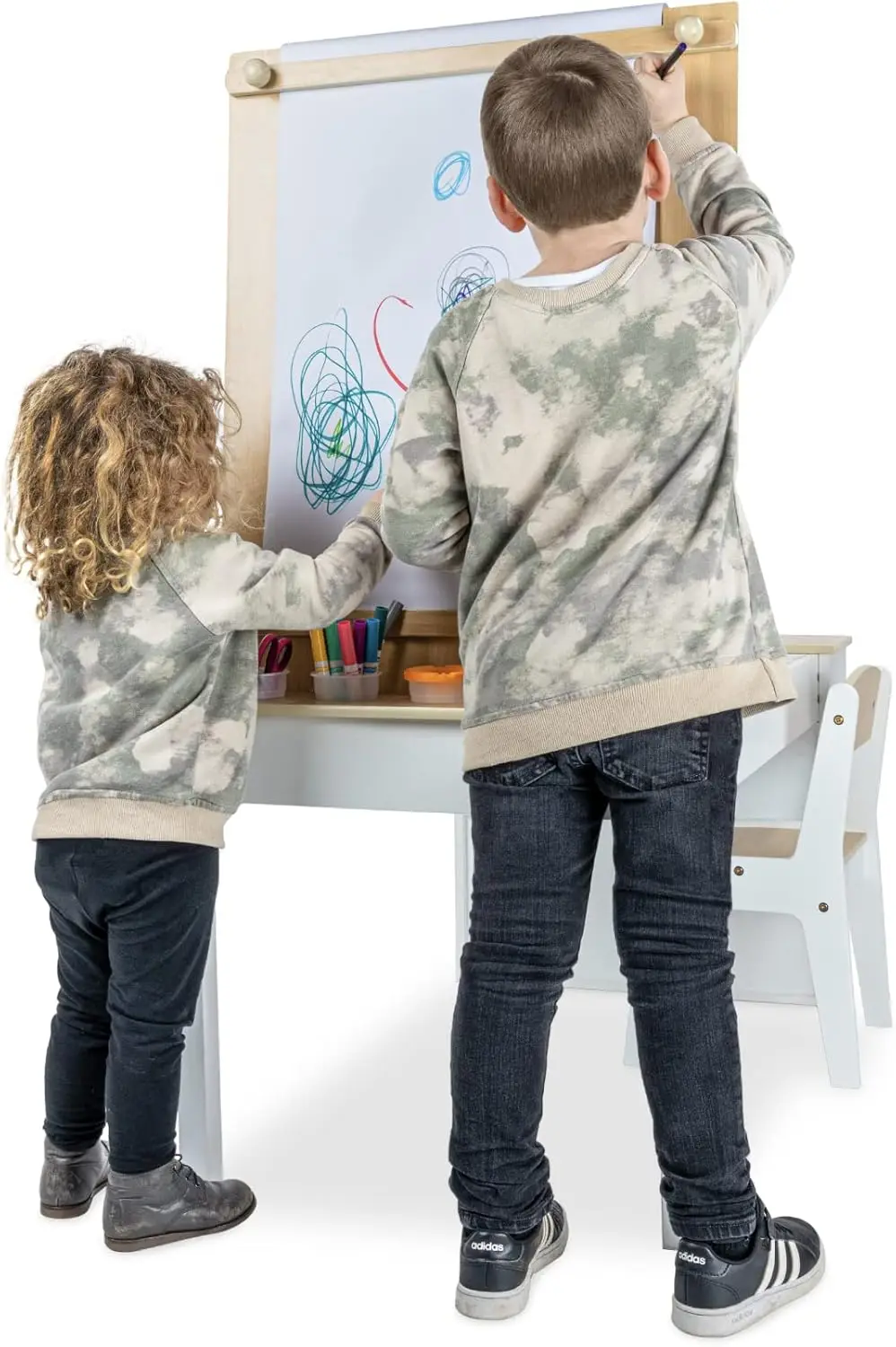 3-in-1 Kids Art Table and 2 Chair Set, Activity Table with Storage, Easel Transformation 5 Paint Cups, 6 Storage Bins,Paper Roll