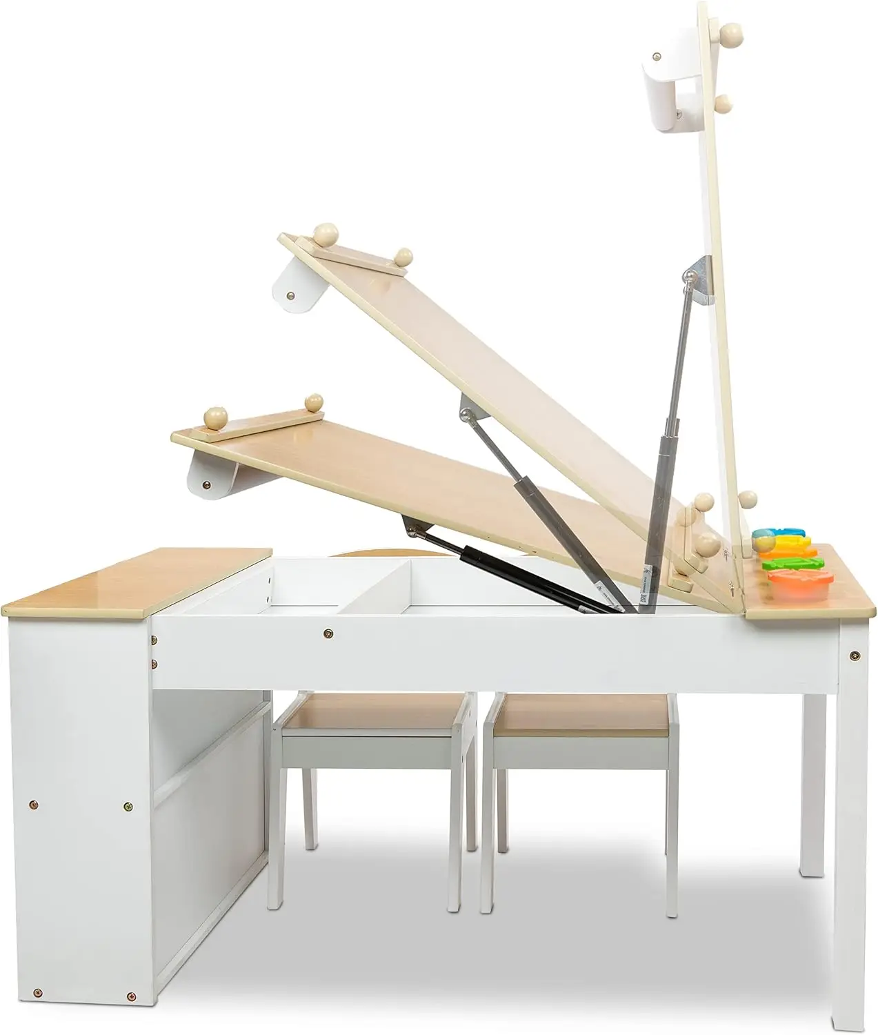 3-in-1 Kids Art Table and 2 Chair Set, Activity Table with Storage, Easel Transformation 5 Paint Cups, 6 Storage Bins,Paper Roll