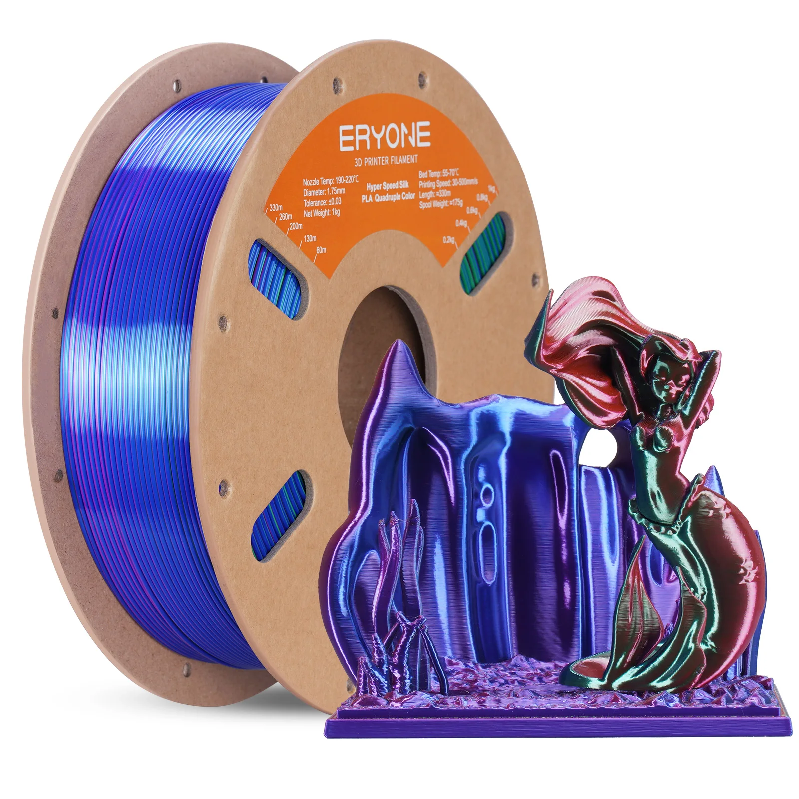 ERYONE 1KG/3KG HS Silk Quadruple Color PLA Filament 3D Printer 1.75mm +/- 0.03mm, Hyper Speed Coextrusion Filament PLA 1KG/3KG