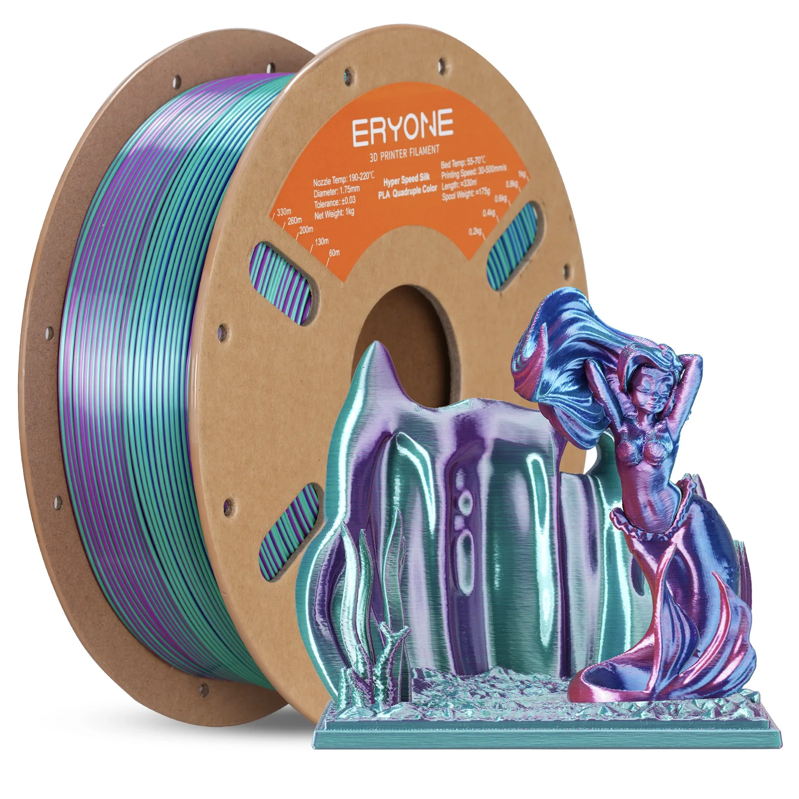 ERYONE 1KG/3KG HS Silk Quadruple Color PLA Filament 3D Printer 1.75mm +/- 0.03mm, Hyper Speed Coextrusion Filament PLA 1KG/3KG