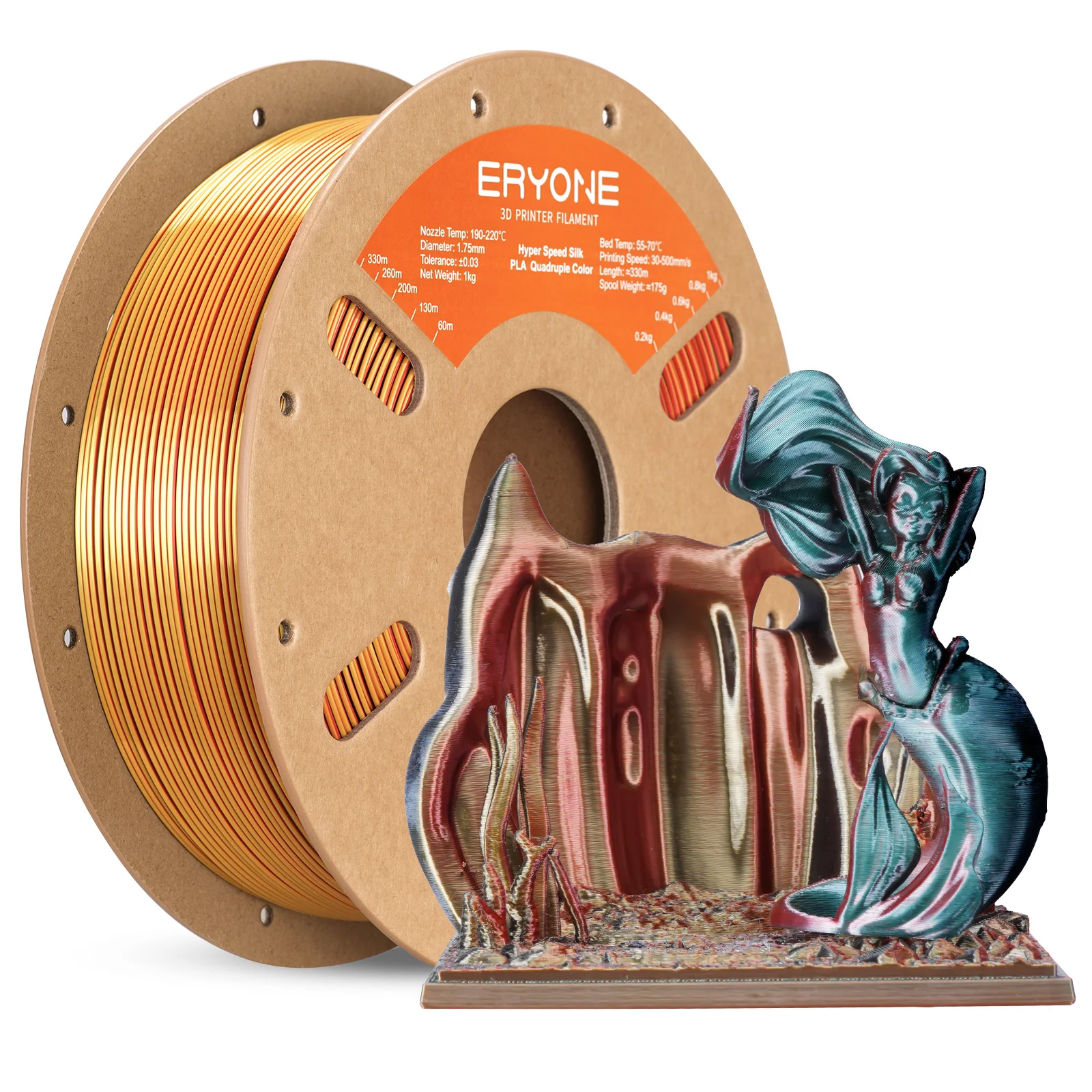 ERYONE 1KG/3KG HS Silk Quadruple Color PLA Filament 3D Printer 1.75mm +/- 0.03mm, Hyper Speed Coextrusion Filament PLA 1KG/3KG