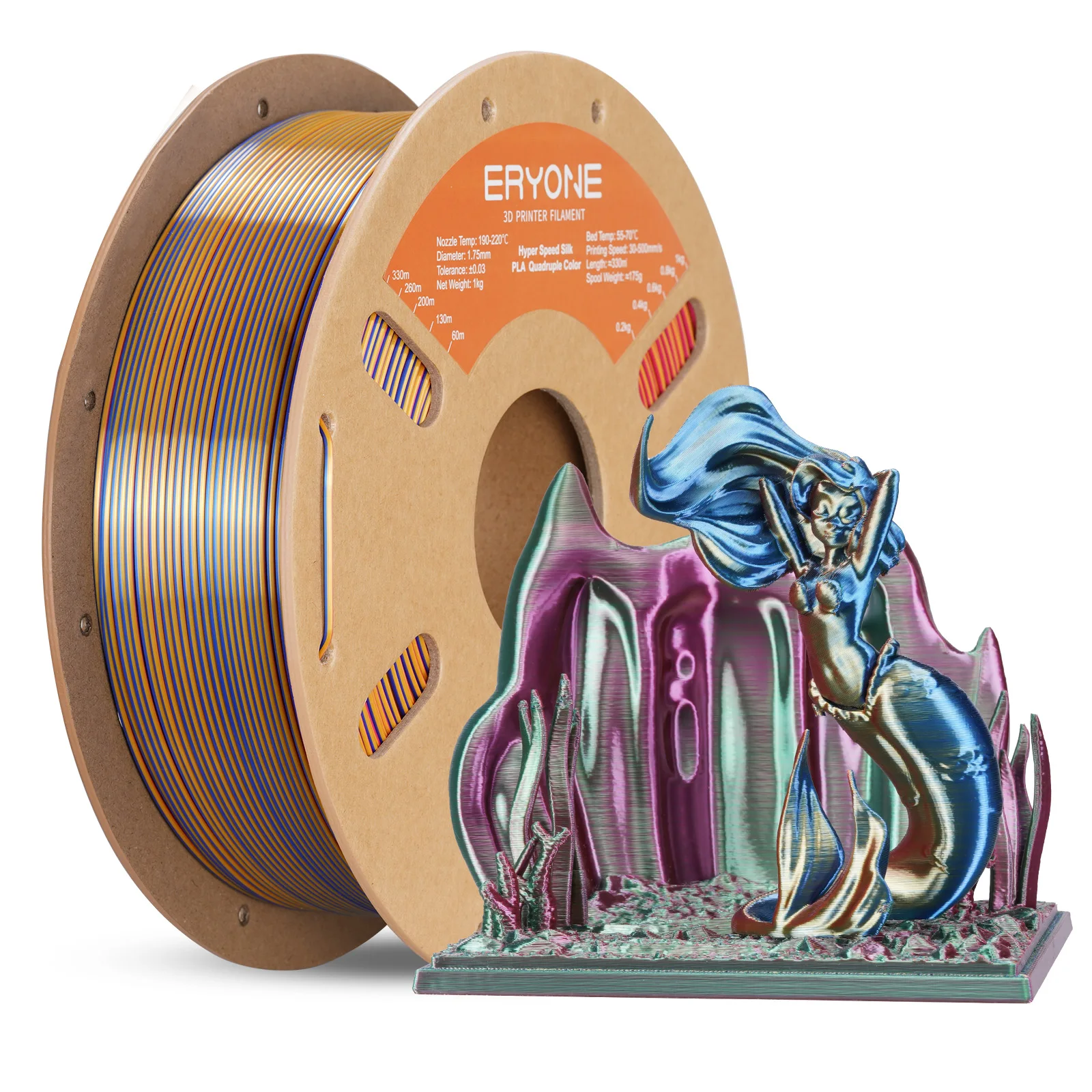 ERYONE 1KG/3KG HS Silk Quadruple Color PLA Filament 3D Printer 1.75mm +/- 0.03mm, Hyper Speed Coextrusion Filament PLA 1KG/3KG