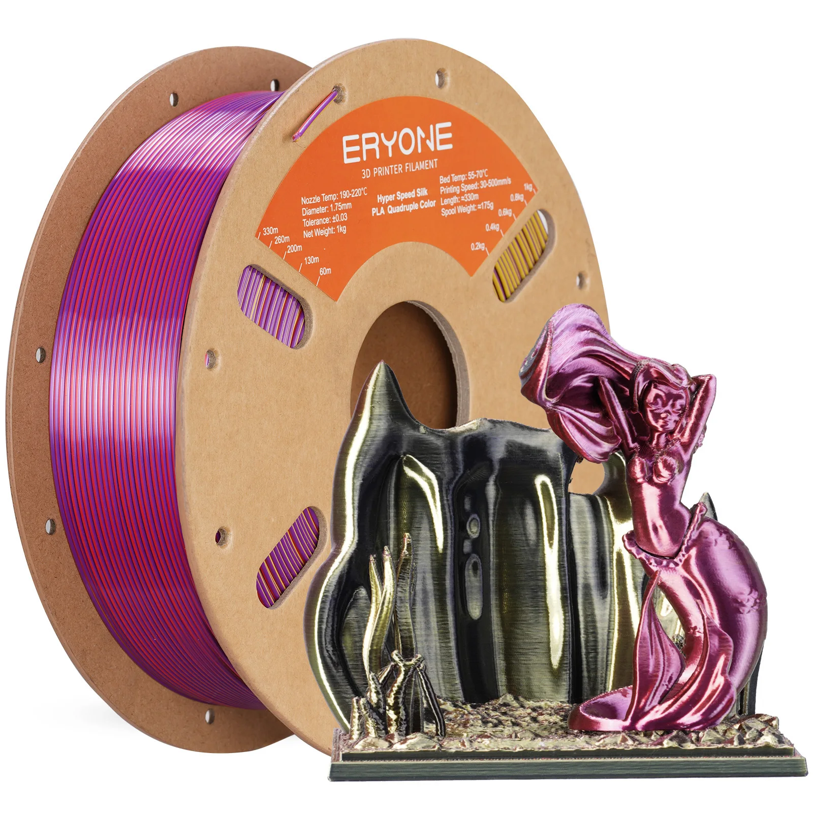 ERYONE 1KG/3KG HS Silk Quadruple Color PLA Filament 3D Printer 1.75mm +/- 0.03mm, Hyper Speed Coextrusion Filament PLA 1KG/3KG