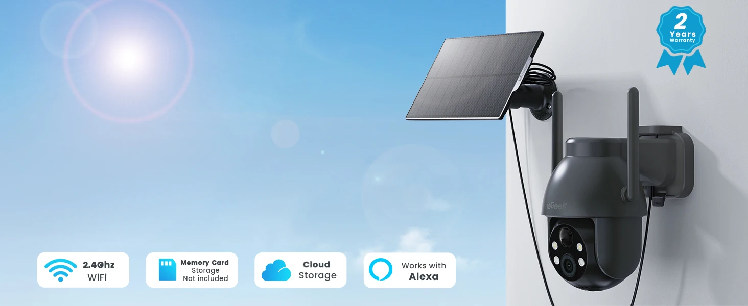 ieGeek 2K WiFi Solar Security Camera Outdoor Wireless, Battery Powered 3MP Surveillance Cam with 360° PTZ Color Night Vision