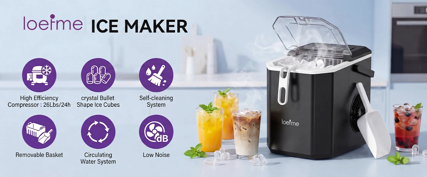 Loefme Ice Maker Cubes Machine Small Automatic Cleaning Bullet Shaped Ice Makers Fast Ice Making For Households Caffee Camping