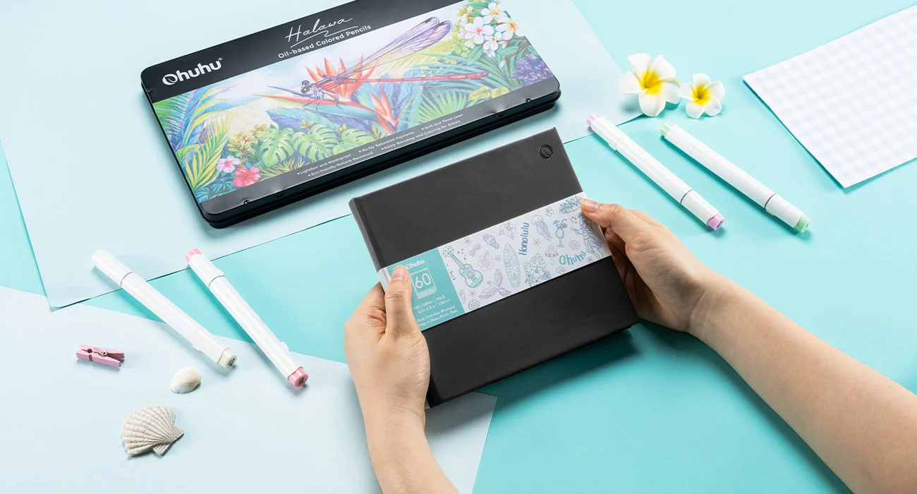 Ohuhu Bleedproof Double-Sided Marker Pad with PU Cover Art Sketchbook Hardcover Sketching Book for Alcohol Markers Paints Draw