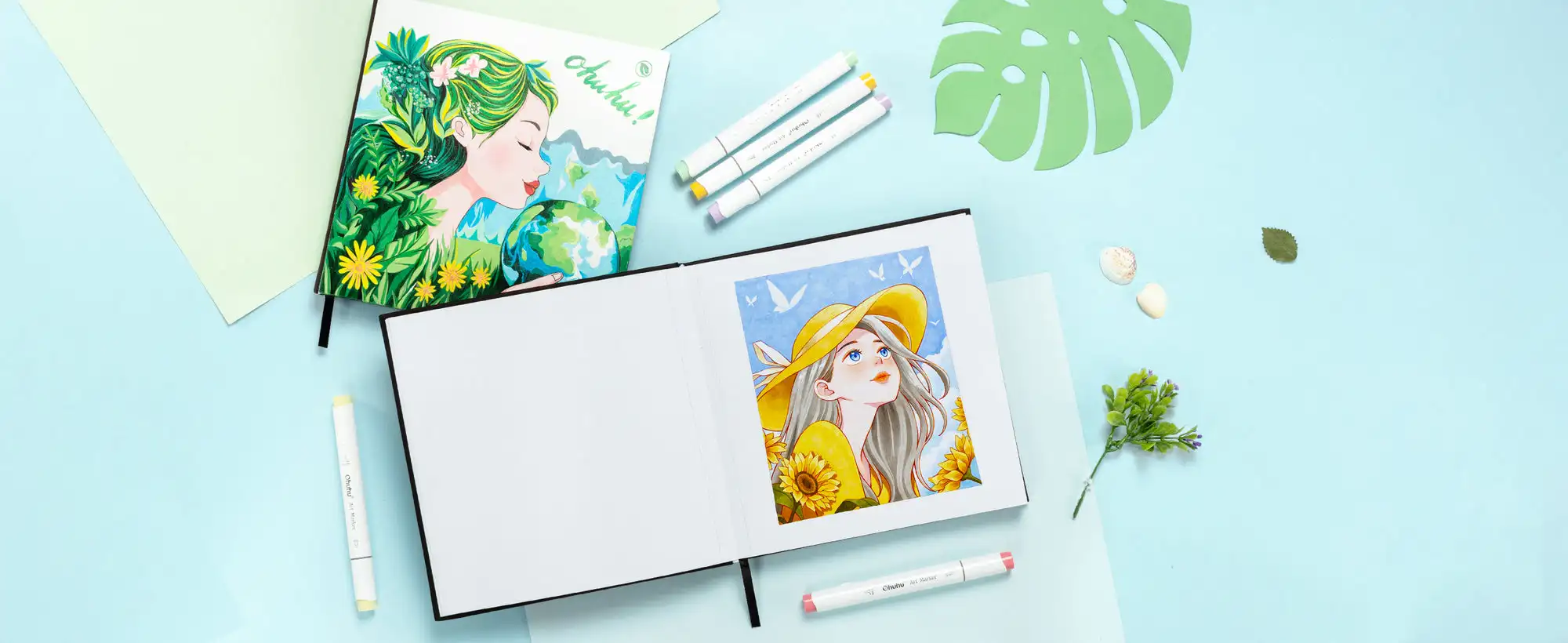 Ohuhu Bleedproof Double-Sided Marker Pad with PU Cover Art Sketchbook Hardcover Sketching Book for Alcohol Markers Paints Draw