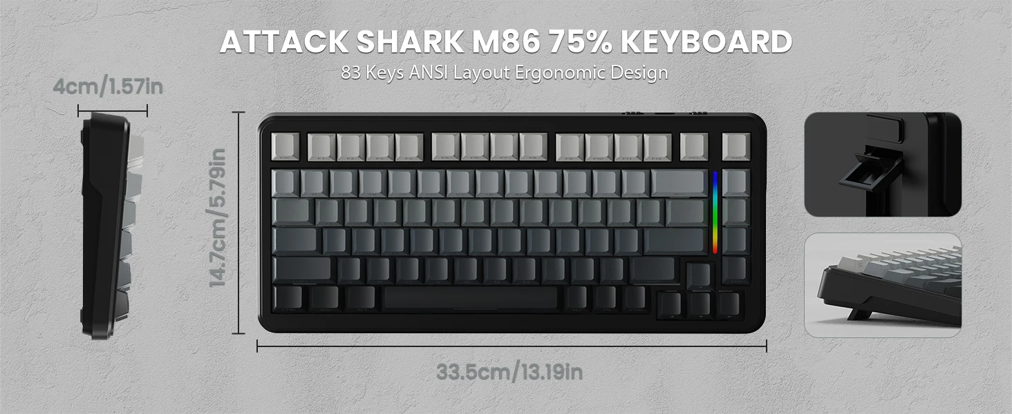 ATTACK SHARK M86 Wireless Mechanical Gaming Keyboard, 75% Gasket Hot Swappable RGB Custom Keyboard, Side Printed PBT Keycaps