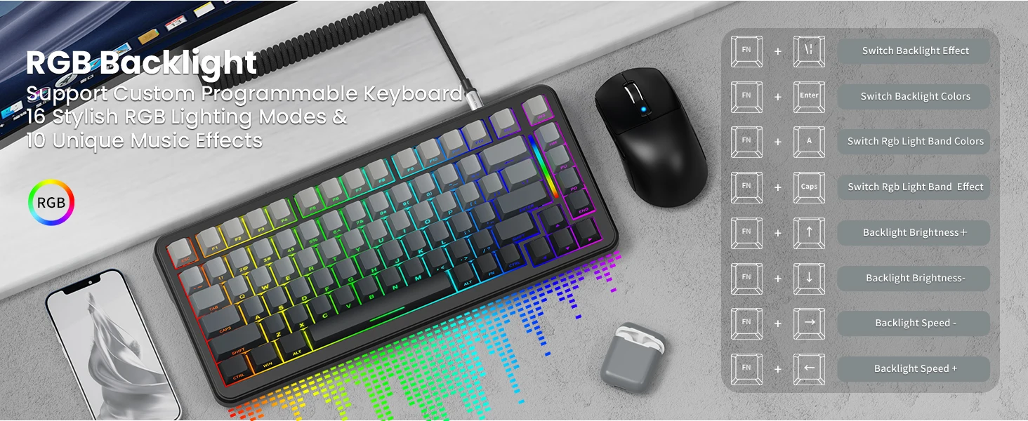ATTACK SHARK M86 Wireless Mechanical Gaming Keyboard, 75% Gasket Hot Swappable RGB Custom Keyboard, Side Printed PBT Keycaps
