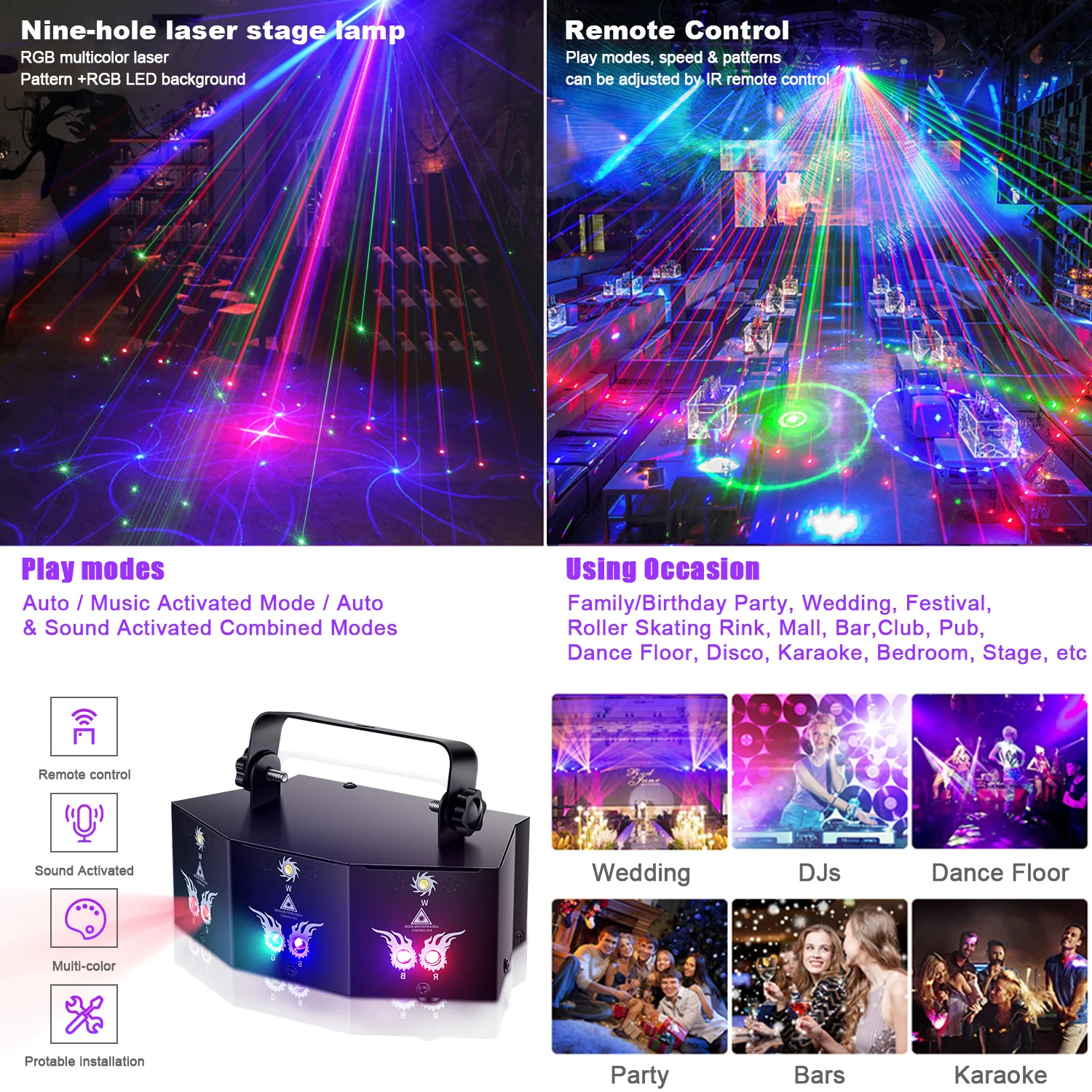 Datewink 9 Eyes RGB Stage Lights Effect 7CH DMX Control Stage Lighting Projector For DJ Disco Wedding Club Party Show Christmas