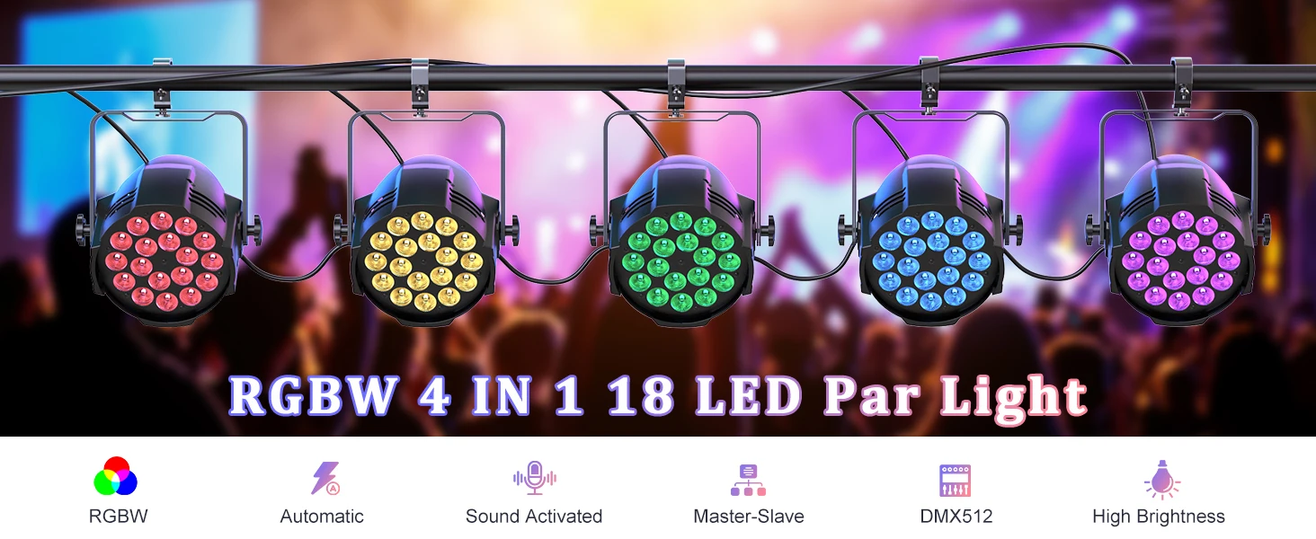 LeLeght 18LED Par Spotlights 200W LED Stage Light 4 in 1 RGBW Stage Lighting with DMX For DJ Disco Family Celebrations Churches