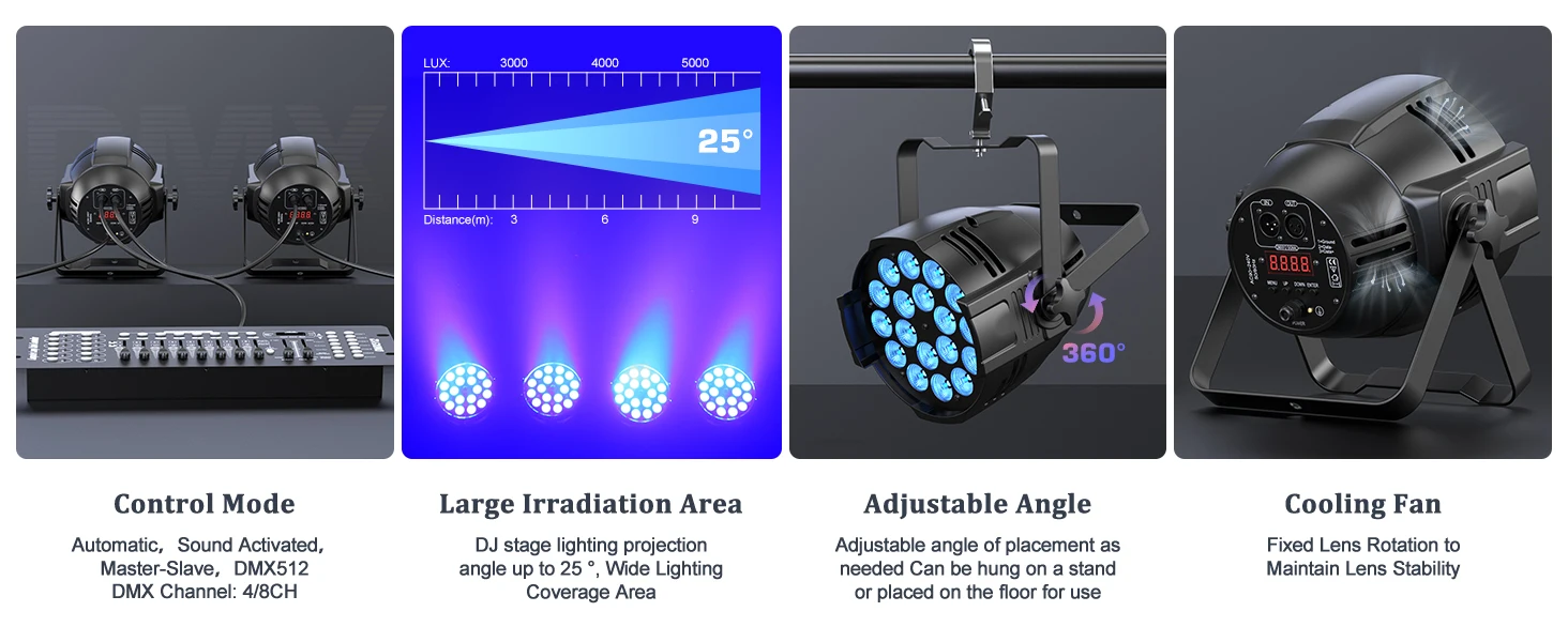 LeLeght 18LED Par Spotlights 200W LED Stage Light 4 in 1 RGBW Stage Lighting with DMX For DJ Disco Family Celebrations Churches