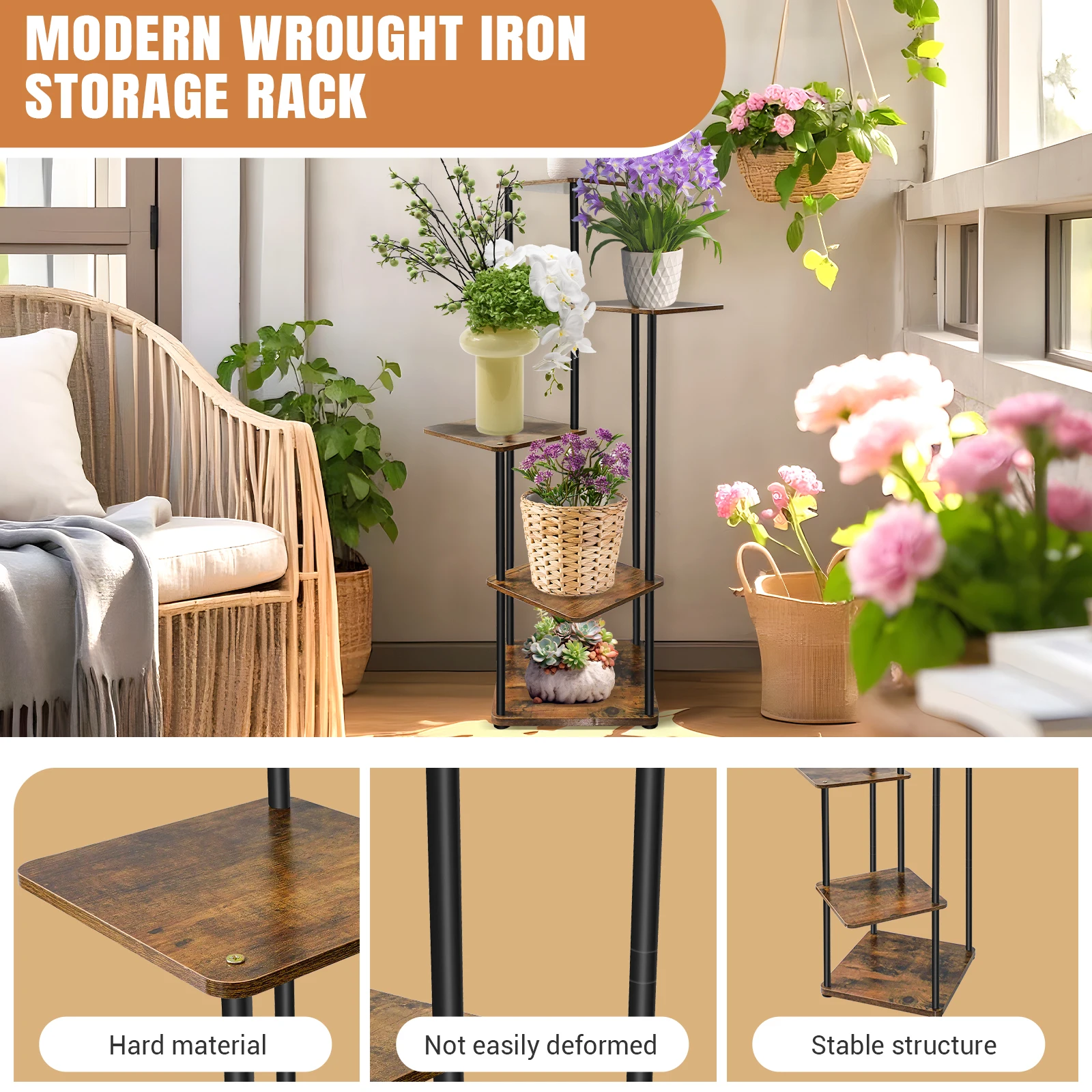 4/5/6 Tier Plant Stand Flower Display Rack, Heavy Duty and Stable, Metal Frame and Wooden Board, for Indoor Outdoor Garden