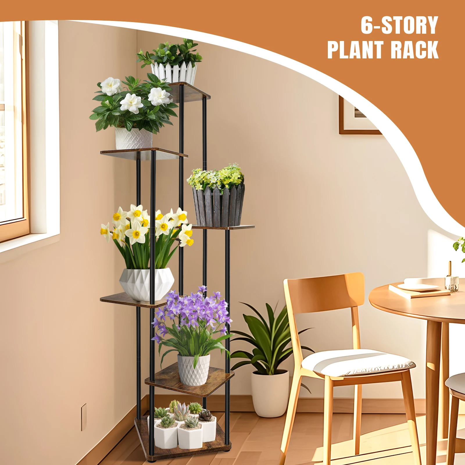 4/5/6 Tier Plant Stand Flower Display Rack, Heavy Duty and Stable, Metal Frame and Wooden Board, for Indoor Outdoor Garden