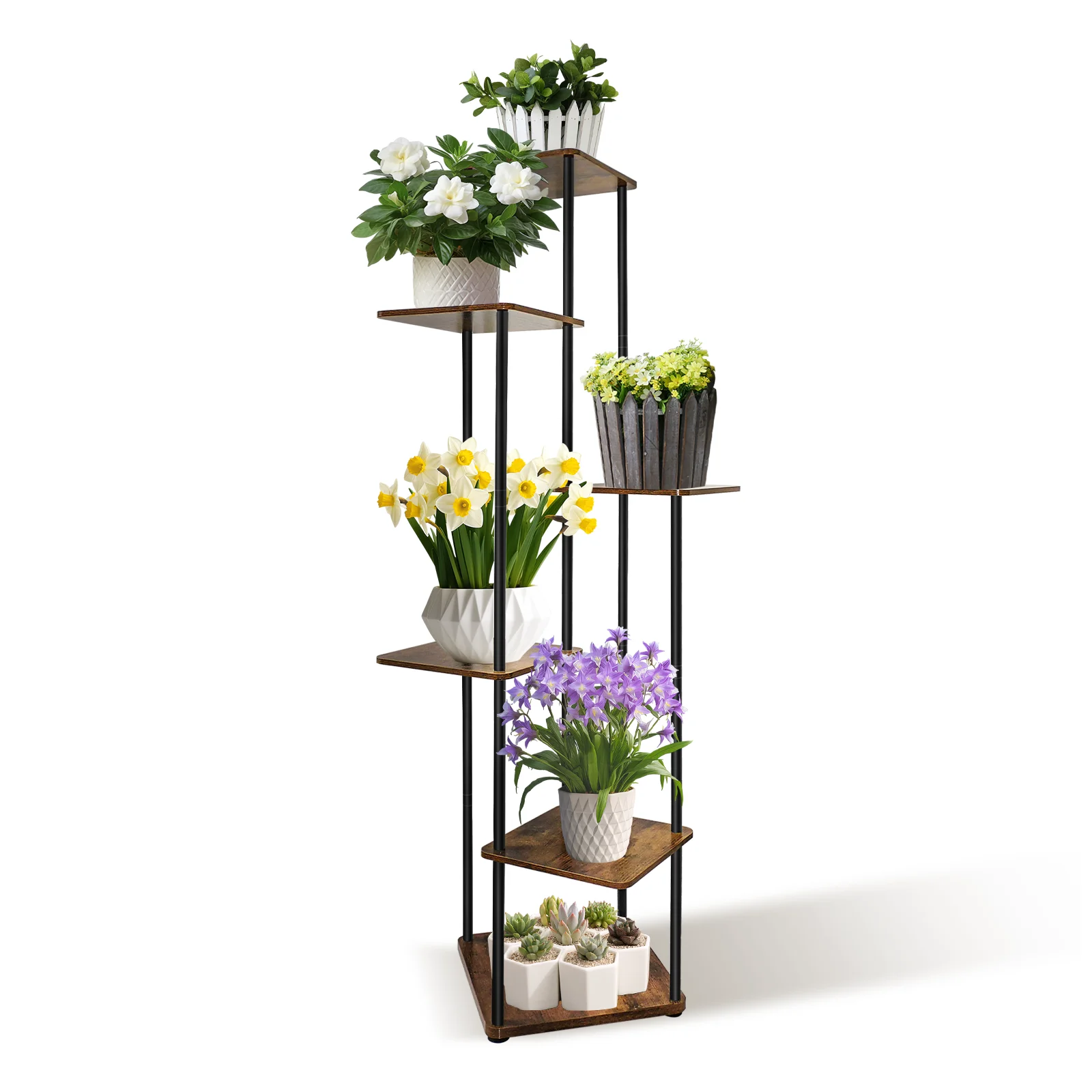 4/5/6 Tier Plant Stand Flower Display Rack, Heavy Duty and Stable, Metal Frame and Wooden Board, for Indoor Outdoor Garden