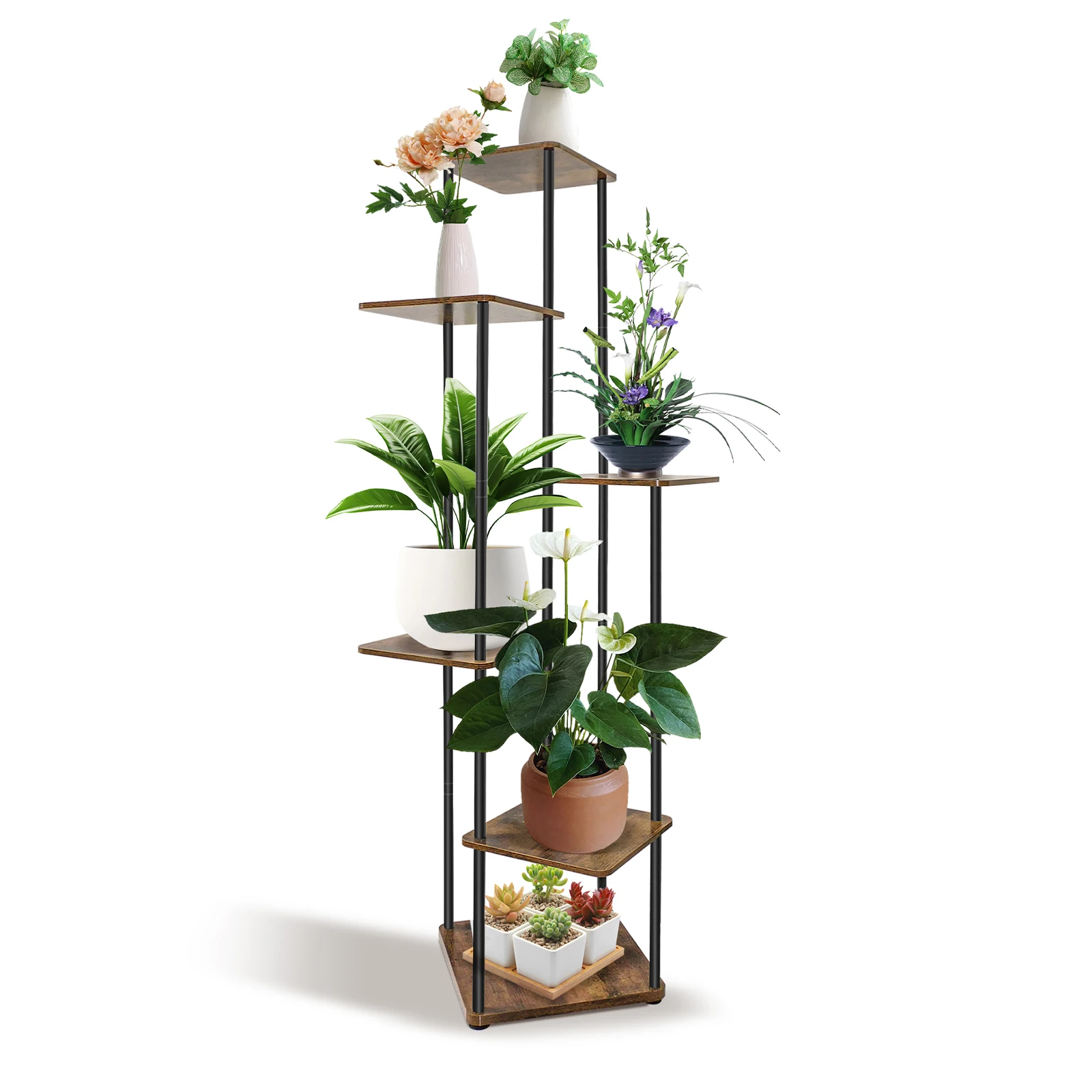 4/5/6 Tier Plant Stand Flower Display Rack, Heavy Duty and Stable, Metal Frame and Wooden Board, for Indoor Outdoor Garden