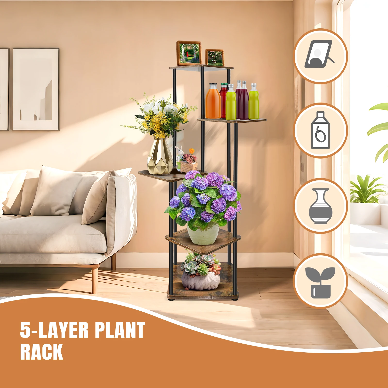 4/5/6 Tier Plant Stand Flower Display Rack, Heavy Duty and Stable, Metal Frame and Wooden Board, for Indoor Outdoor Garden