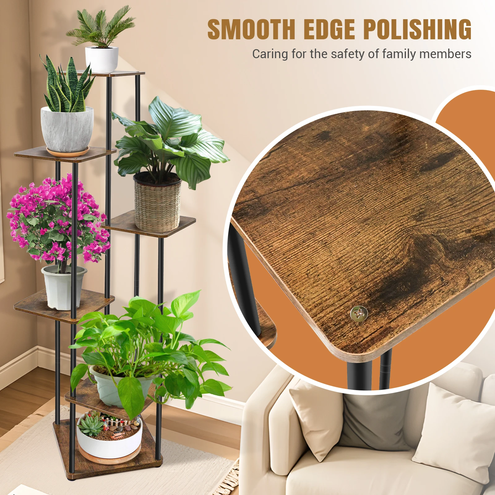 4/5/6 Tier Plant Stand Flower Display Rack, Heavy Duty and Stable, Metal Frame and Wooden Board, for Indoor Outdoor Garden