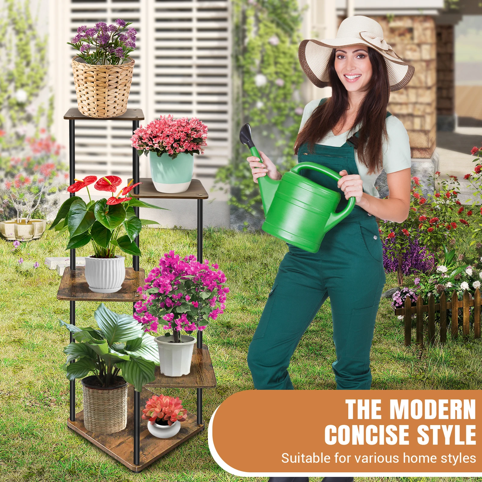 4/5/6 Tier Plant Stand Flower Display Rack, Heavy Duty and Stable, Metal Frame and Wooden Board, for Indoor Outdoor Garden