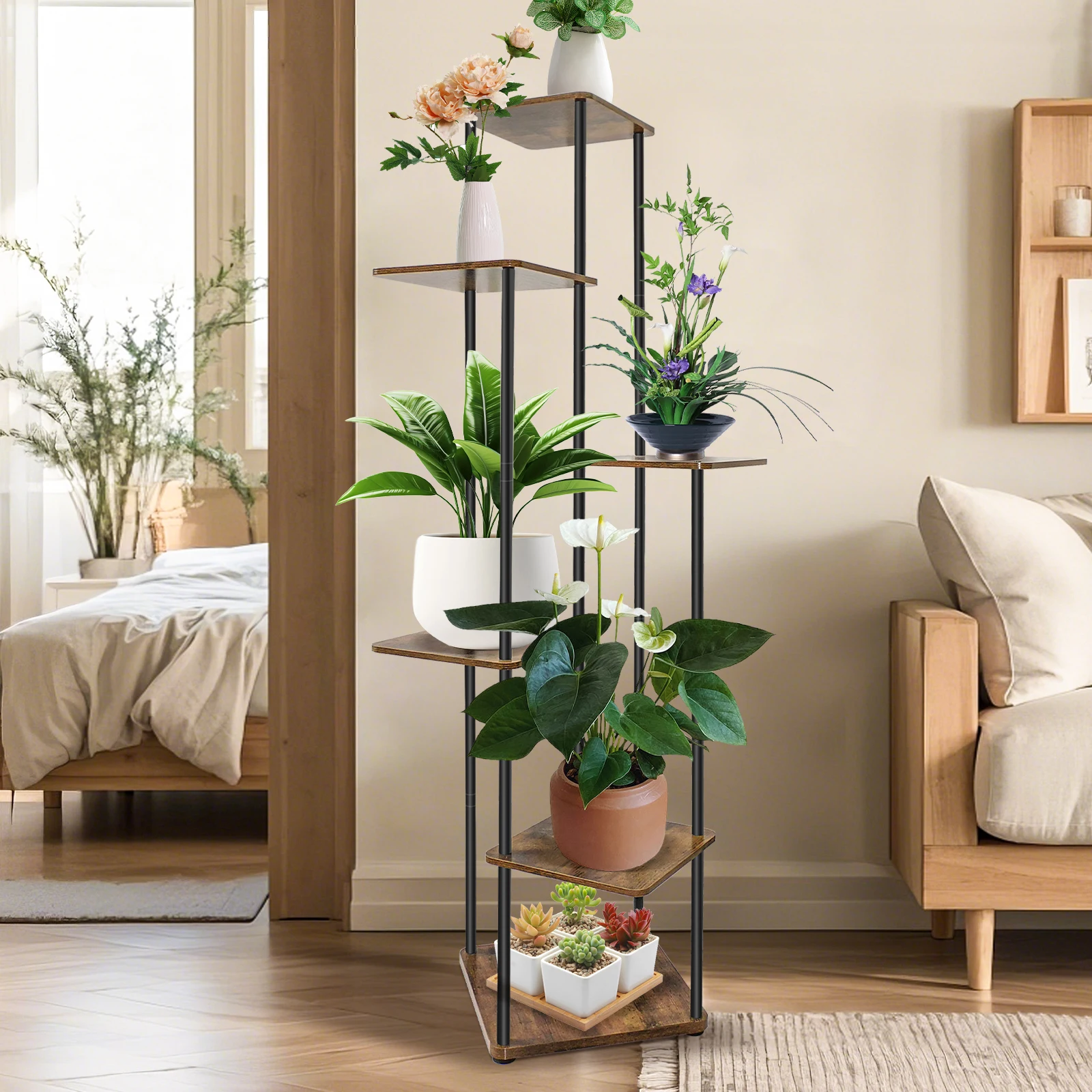 4/5/6 Tier Plant Stand Flower Display Rack, Heavy Duty and Stable, Metal Frame and Wooden Board, for Indoor Outdoor Garden