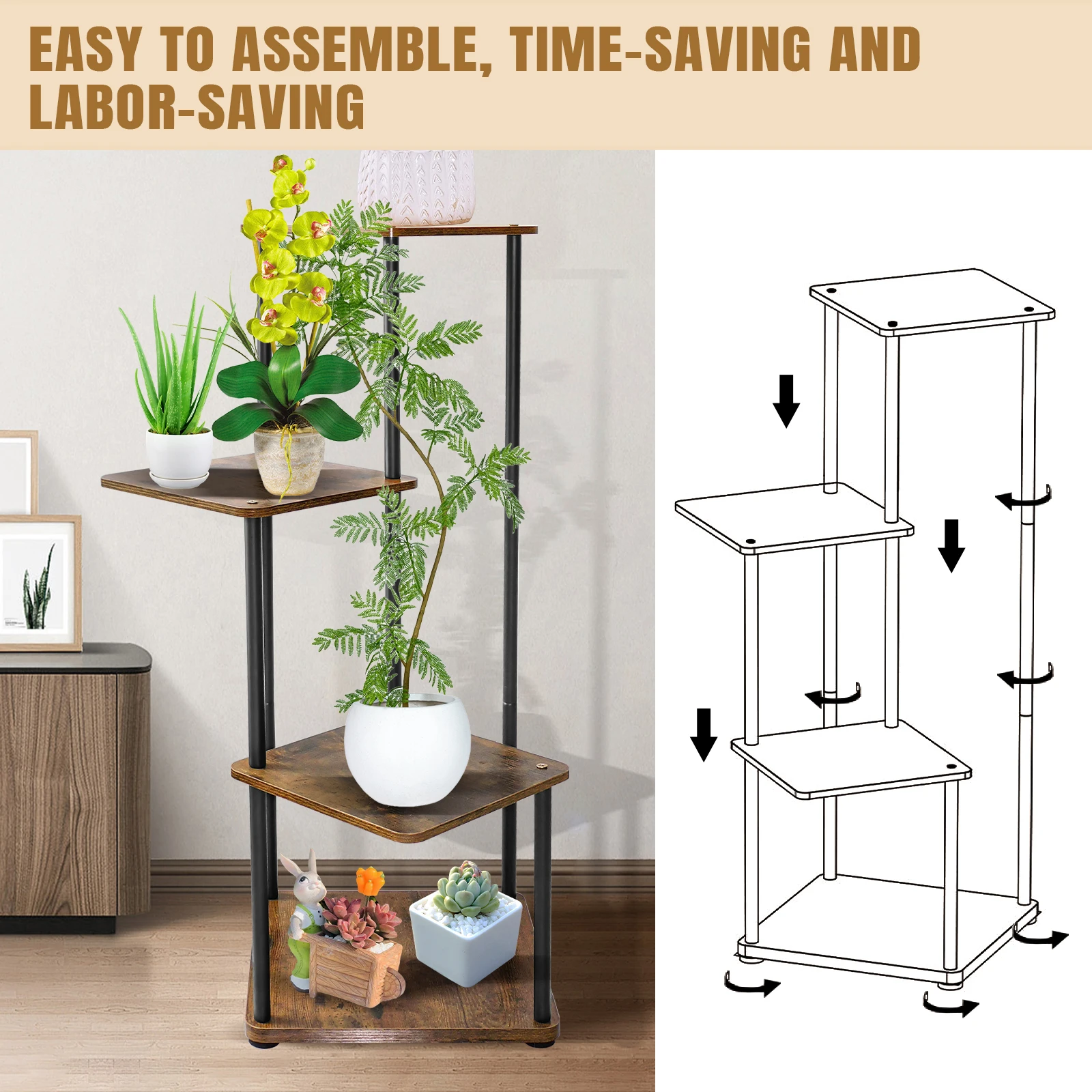 4/5/6 Tier Plant Stand Flower Display Rack, Heavy Duty and Stable, Metal Frame and Wooden Board, for Indoor Outdoor Garden