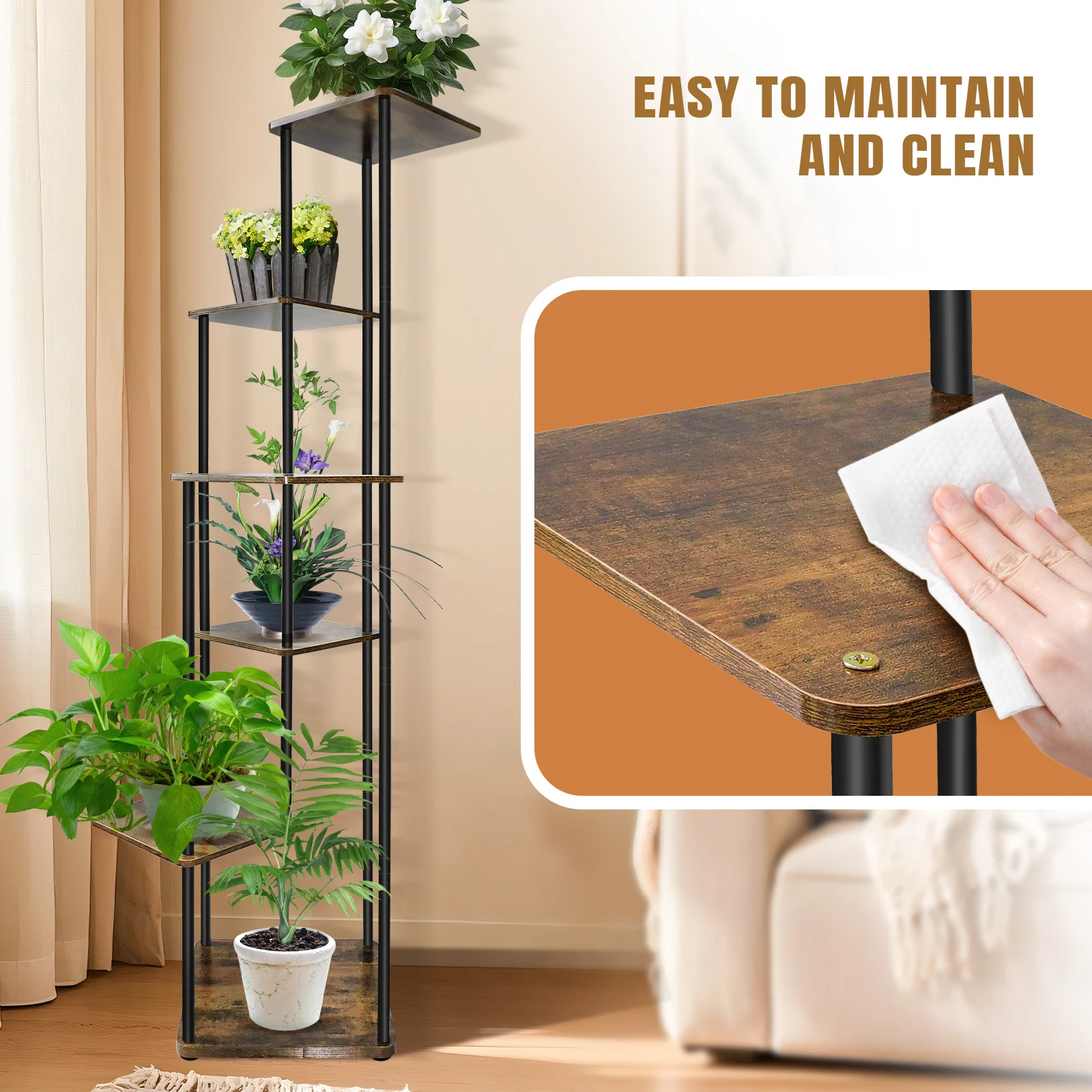 4/5/6 Tier Plant Stand Flower Display Rack, Heavy Duty and Stable, Metal Frame and Wooden Board, for Indoor Outdoor Garden