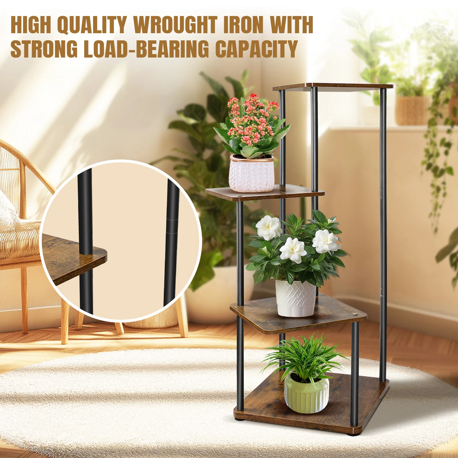 4/5/6 Tier Plant Stand Flower Display Rack, Heavy Duty and Stable, Metal Frame and Wooden Board, for Indoor Outdoor Garden